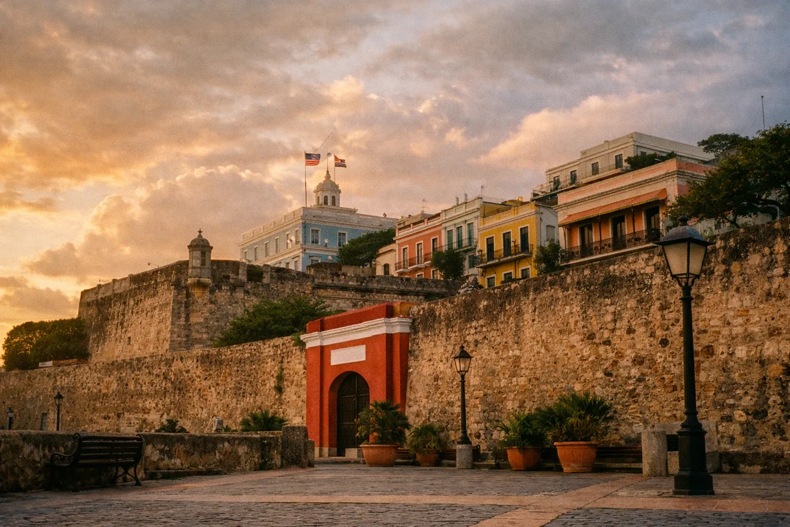Colorful colonial buildings and the historic city wall in Old San Juan, Puerto Rico at sunset.