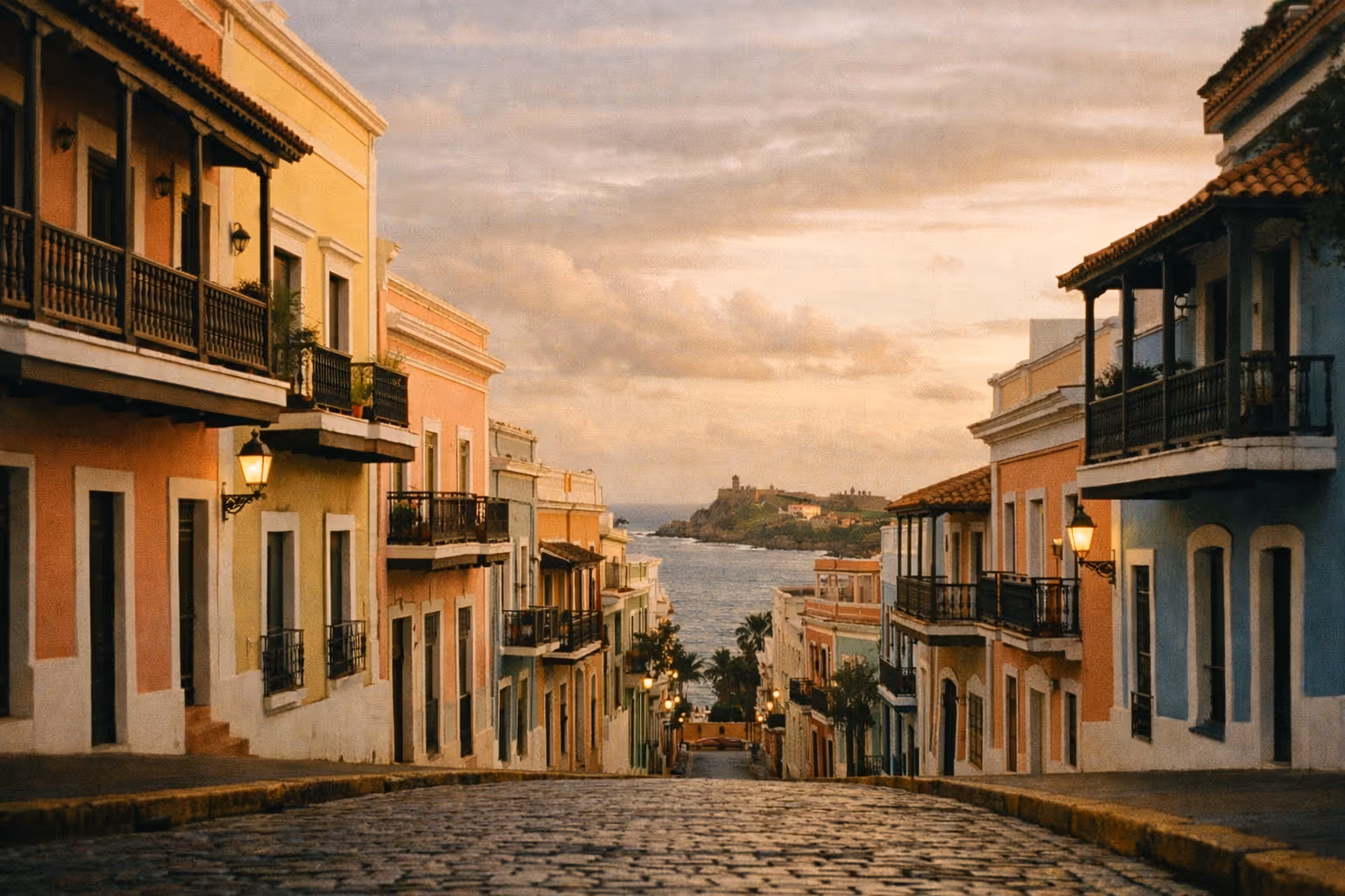 Colorful colonial buildings line a cobblestone street leading to the sea in Old San Juan, Puerto Rico.