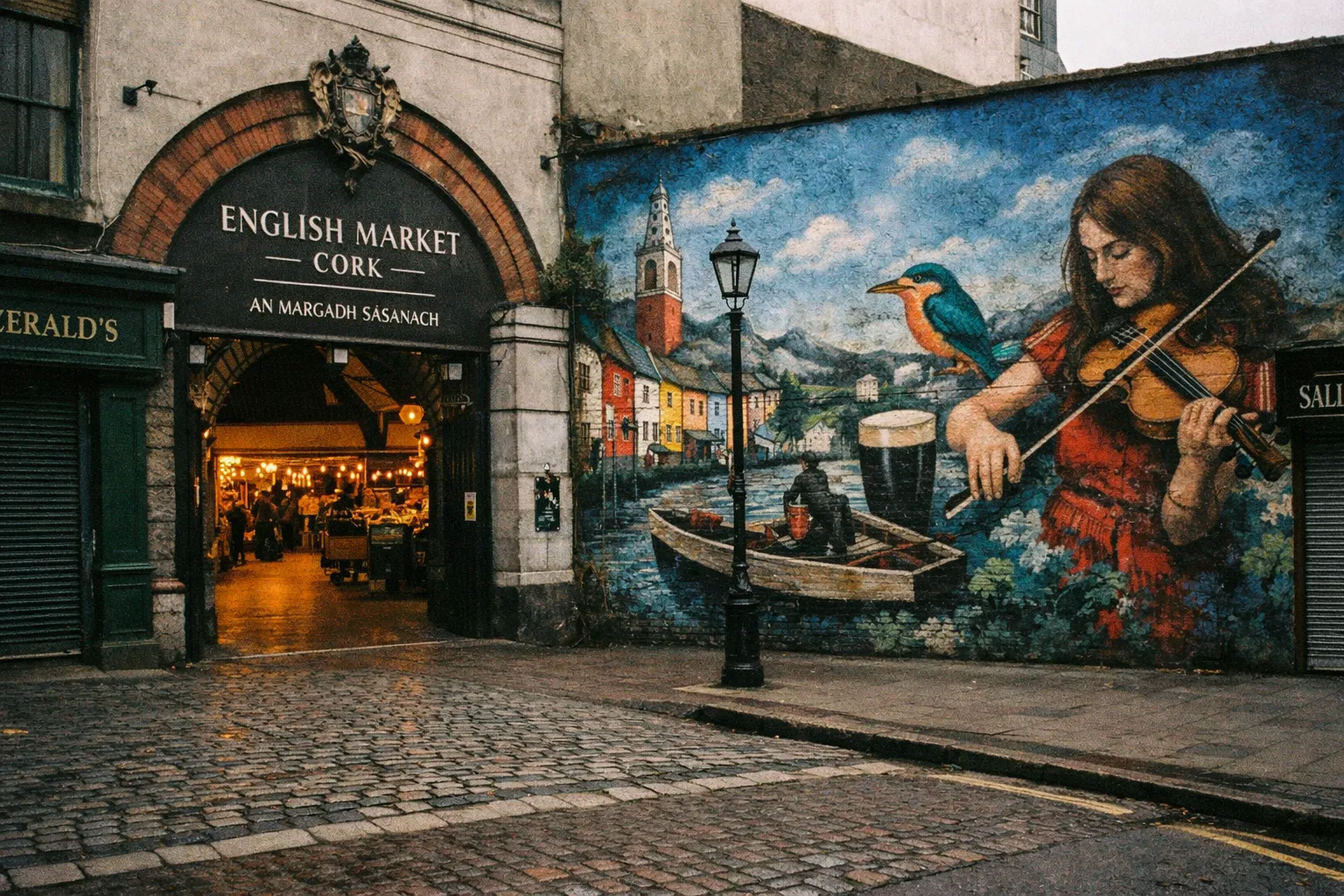 Entrance to the English Market in Cork beside a colorful mural on a cobbled street.