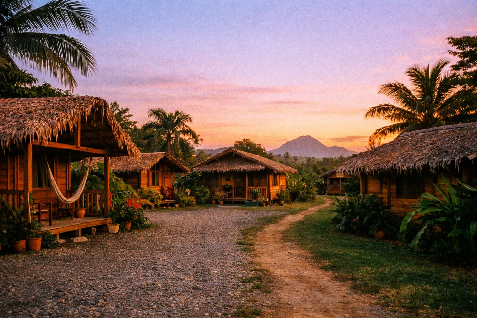 Sunset view of budget-friendly cabinas in Costa Rica, tropical garden, no people visible