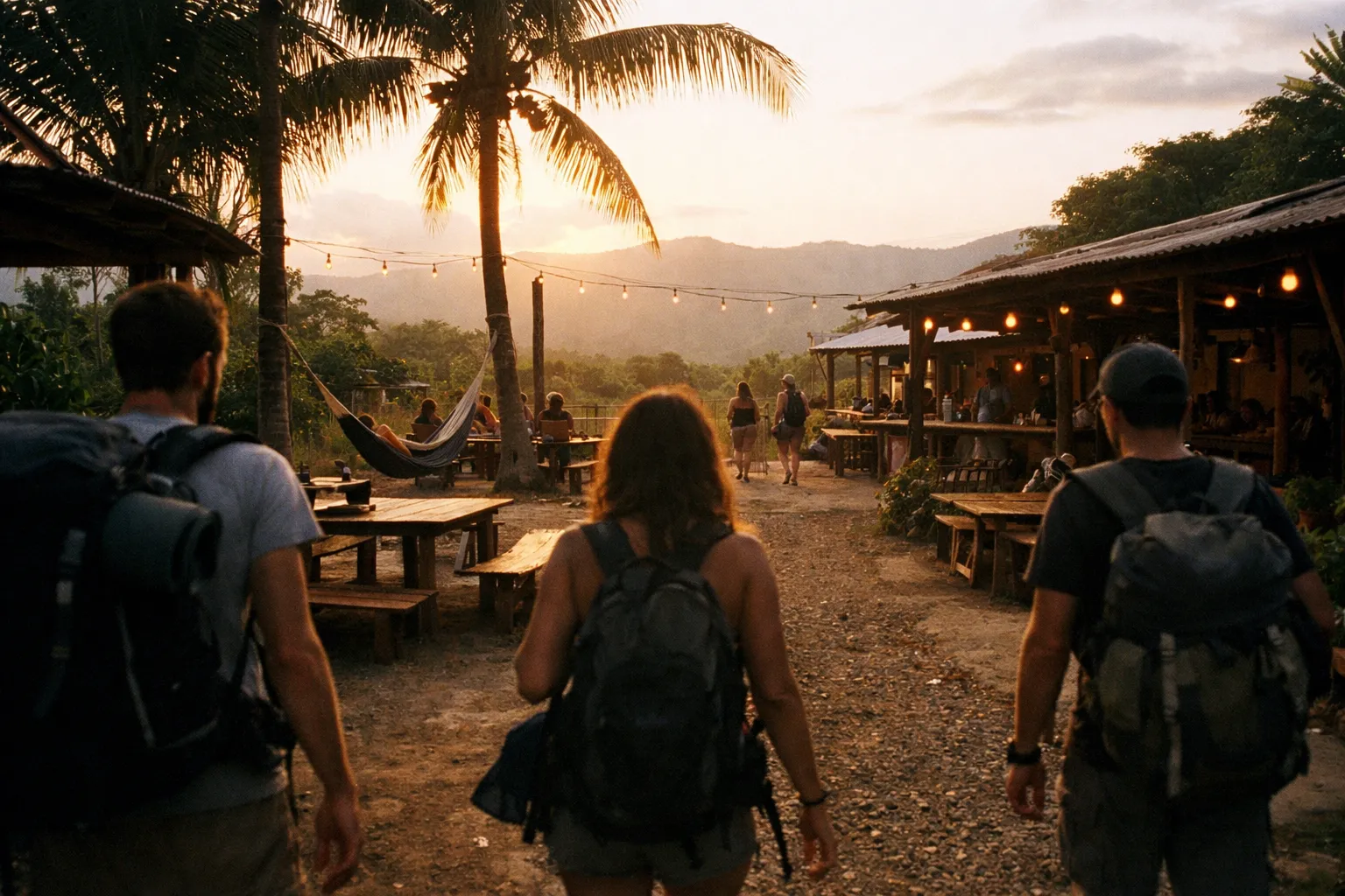 Budget hostel courtyard with hammocks and open-air dining in Costa Rica