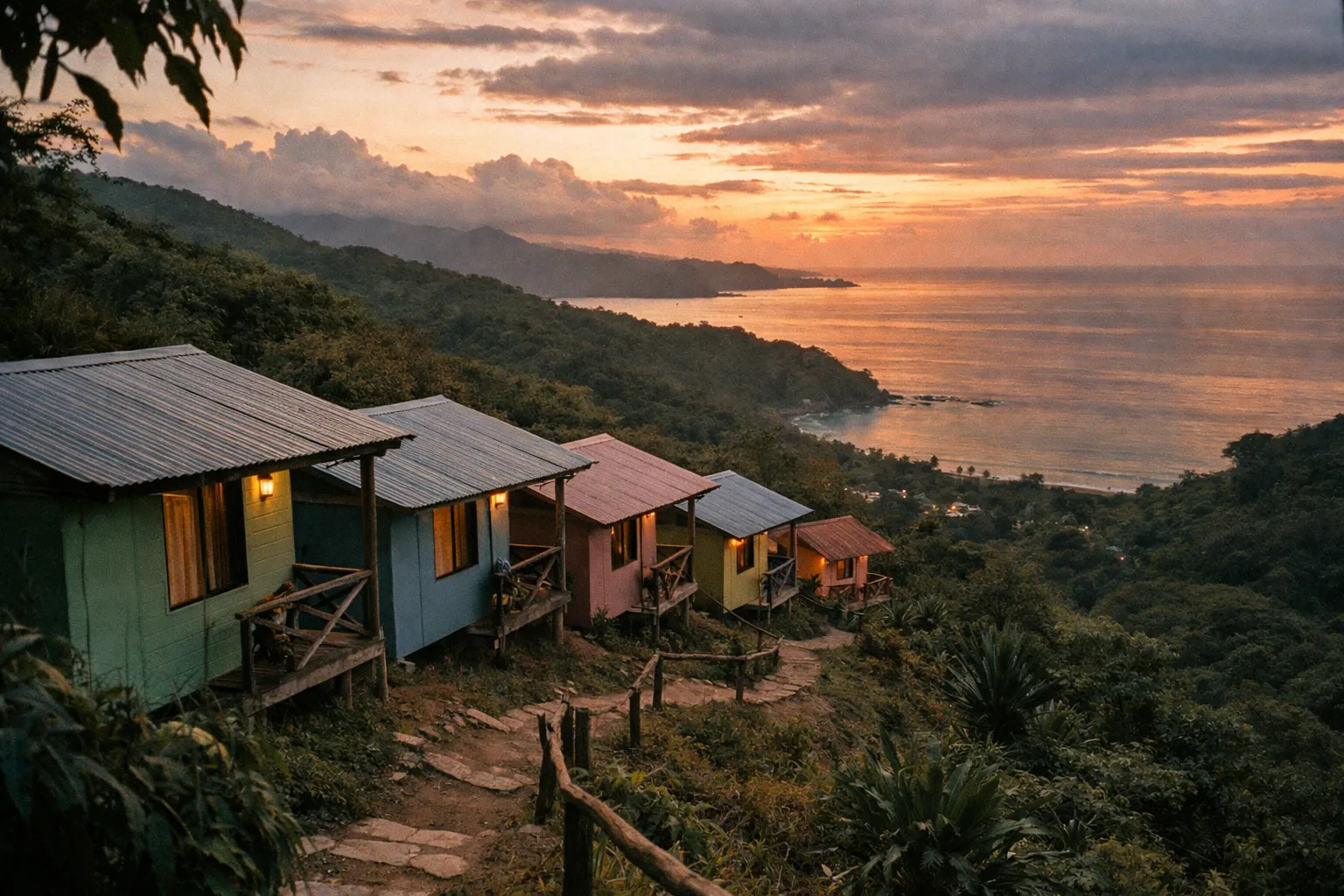 Colorful hillside cabins overlook the ocean at sunset, surrounded by lush tropical forest.