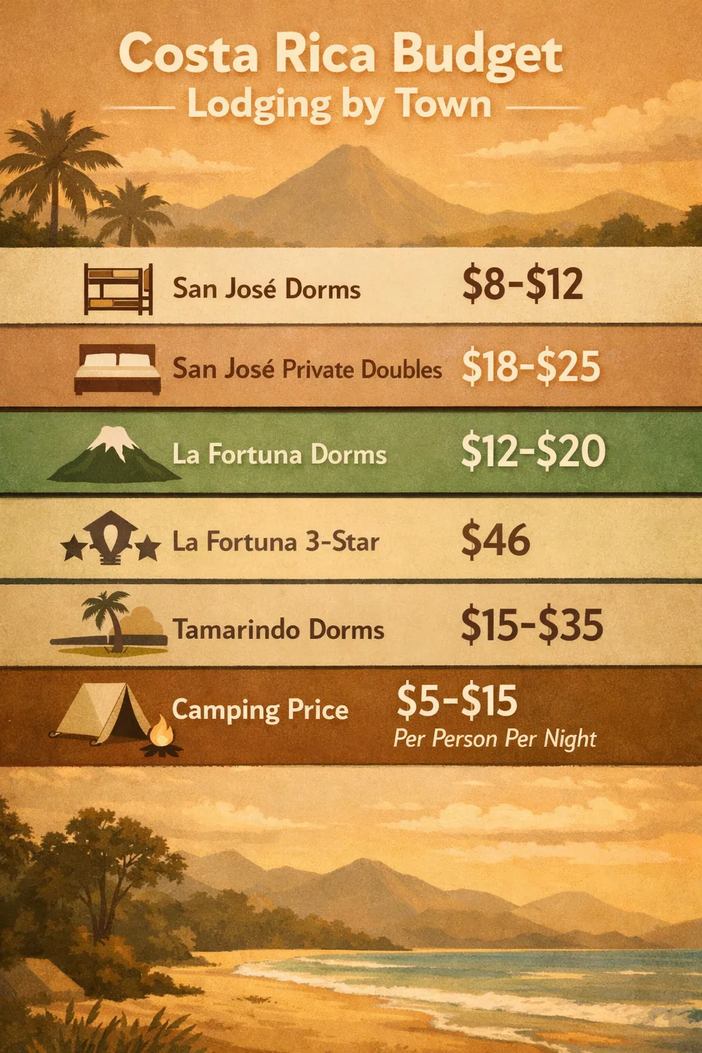 Budget lodging by town in Costa Rica showing San José dorms $8-$12, San José private doubles $18-$25, La Fortuna dorms