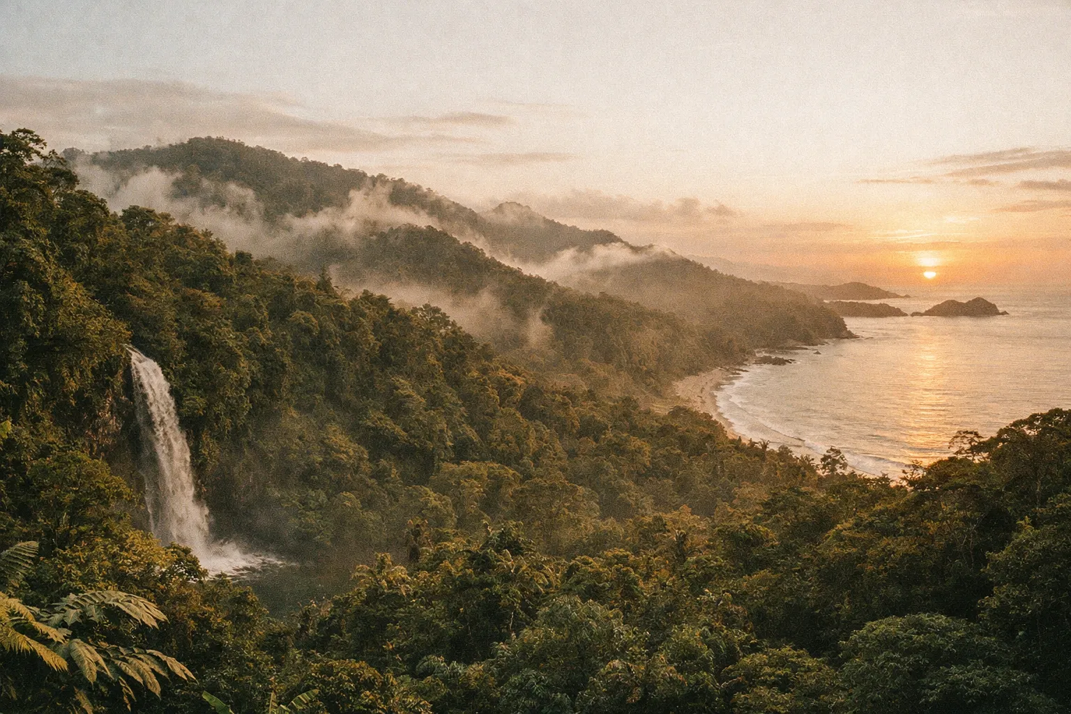 Panoramic Costa Rica landscapes during golden hour: rainforest, cloud forest ridge, waterfall, and coastline