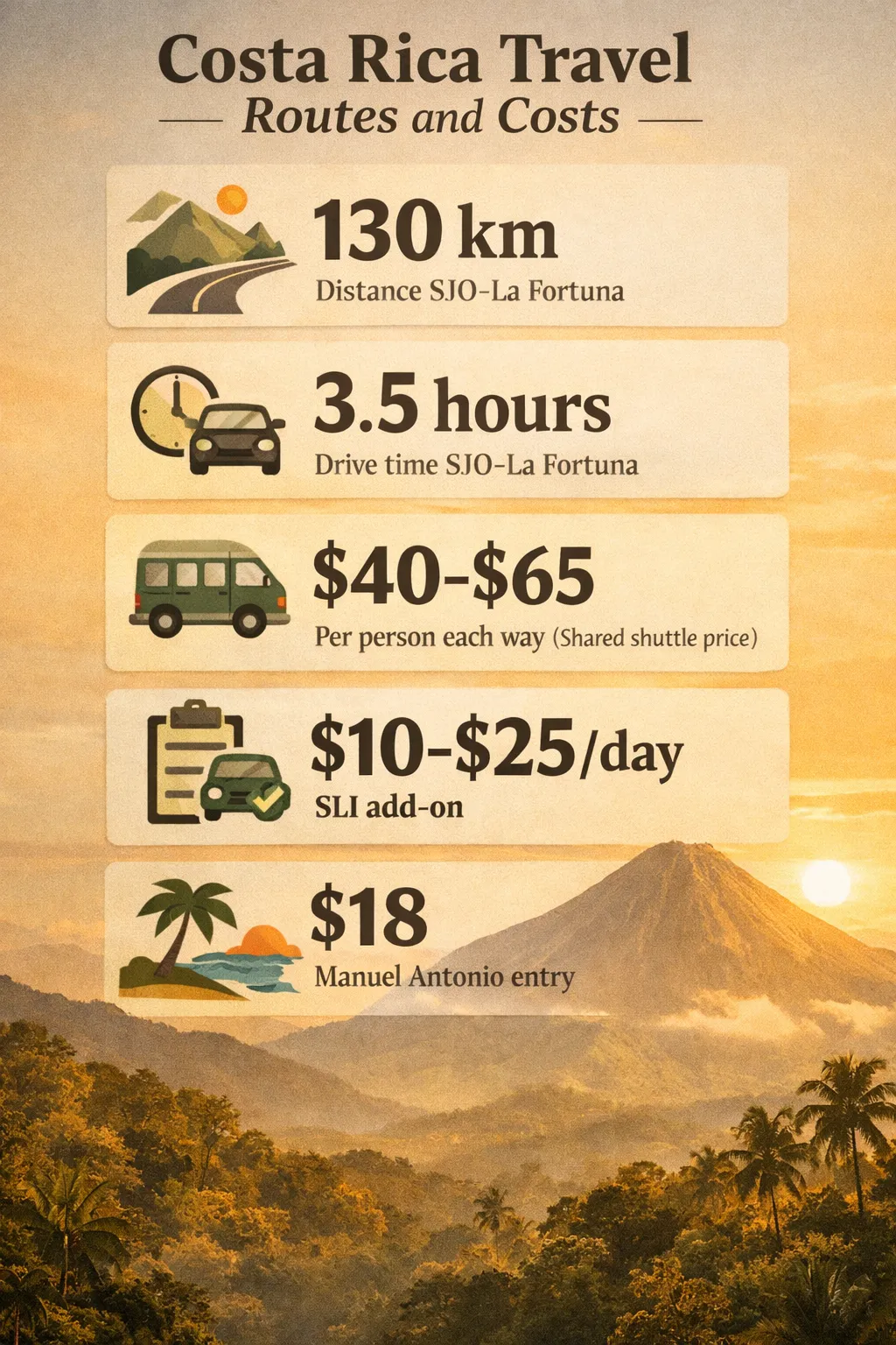 Infographic showing a 130 km distance from San José to La Fortuna with a 3.5 hour drive, plus costs: shared shuttles $40-$65
