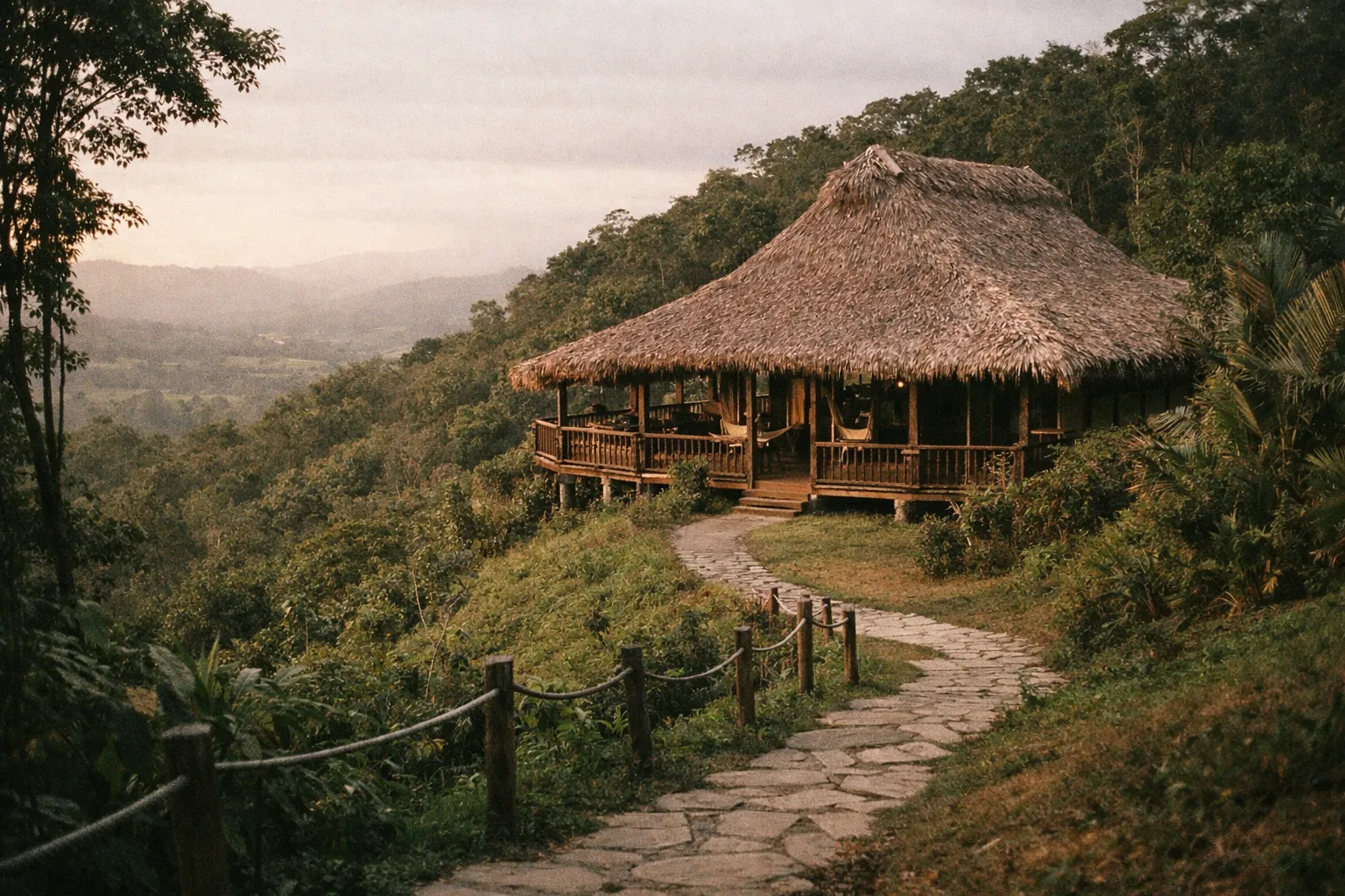Sunlit hillside eco-lodge in Costa Rica with thatched roof, wooden veranda, and lush rainforest framing a distant valley