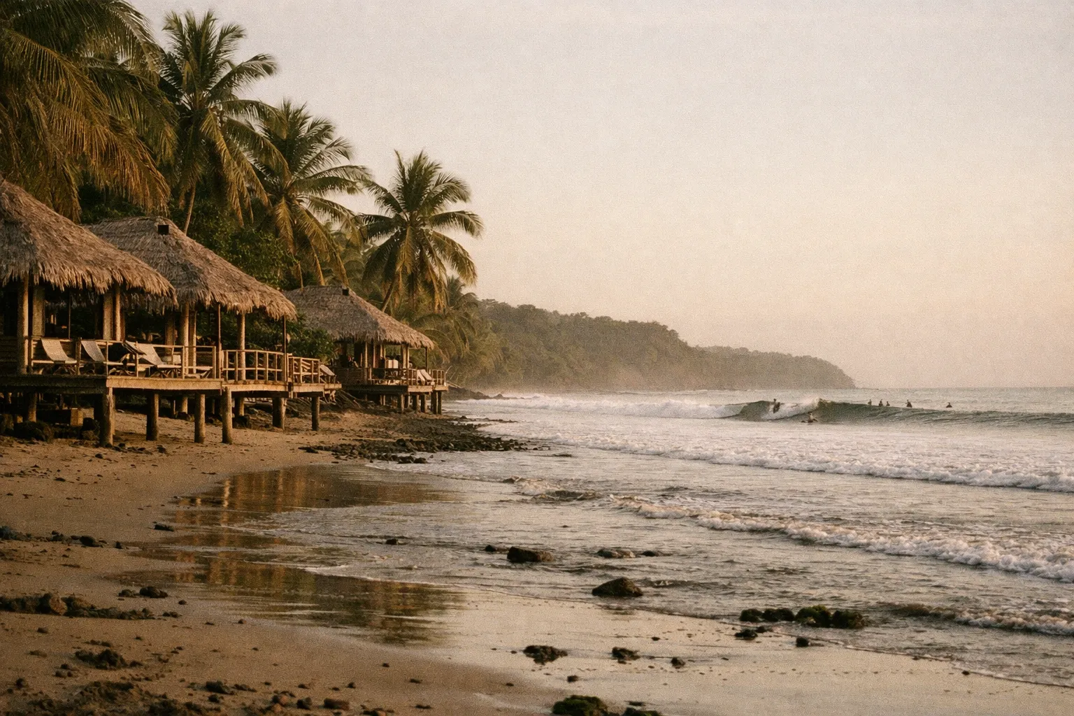 Row of beachfront bungalows with thatched roofs along a sandy shore, palm trees, and distant surfers