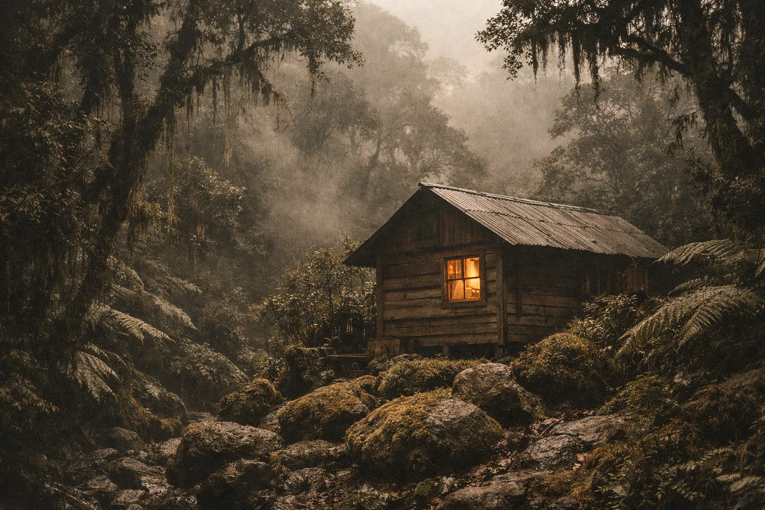 Rustic wooden mountain cabin amid cloud forest with fog and mossy rocks