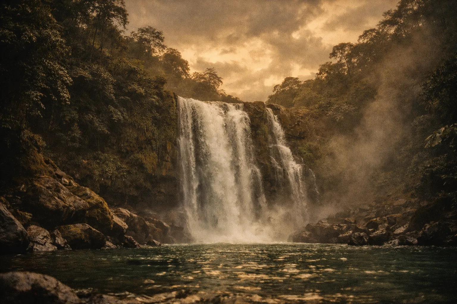 Wide-angle view of a tall tropical waterfall in Costa Rica with rainforest and golden hour light