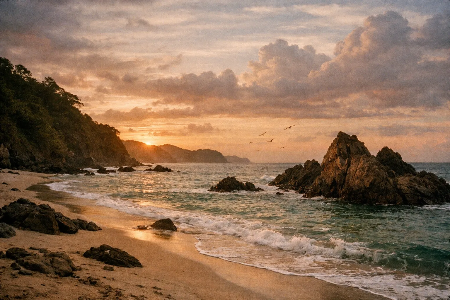 Secluded Costa Rican beach at sunset with rocks and turquoise water