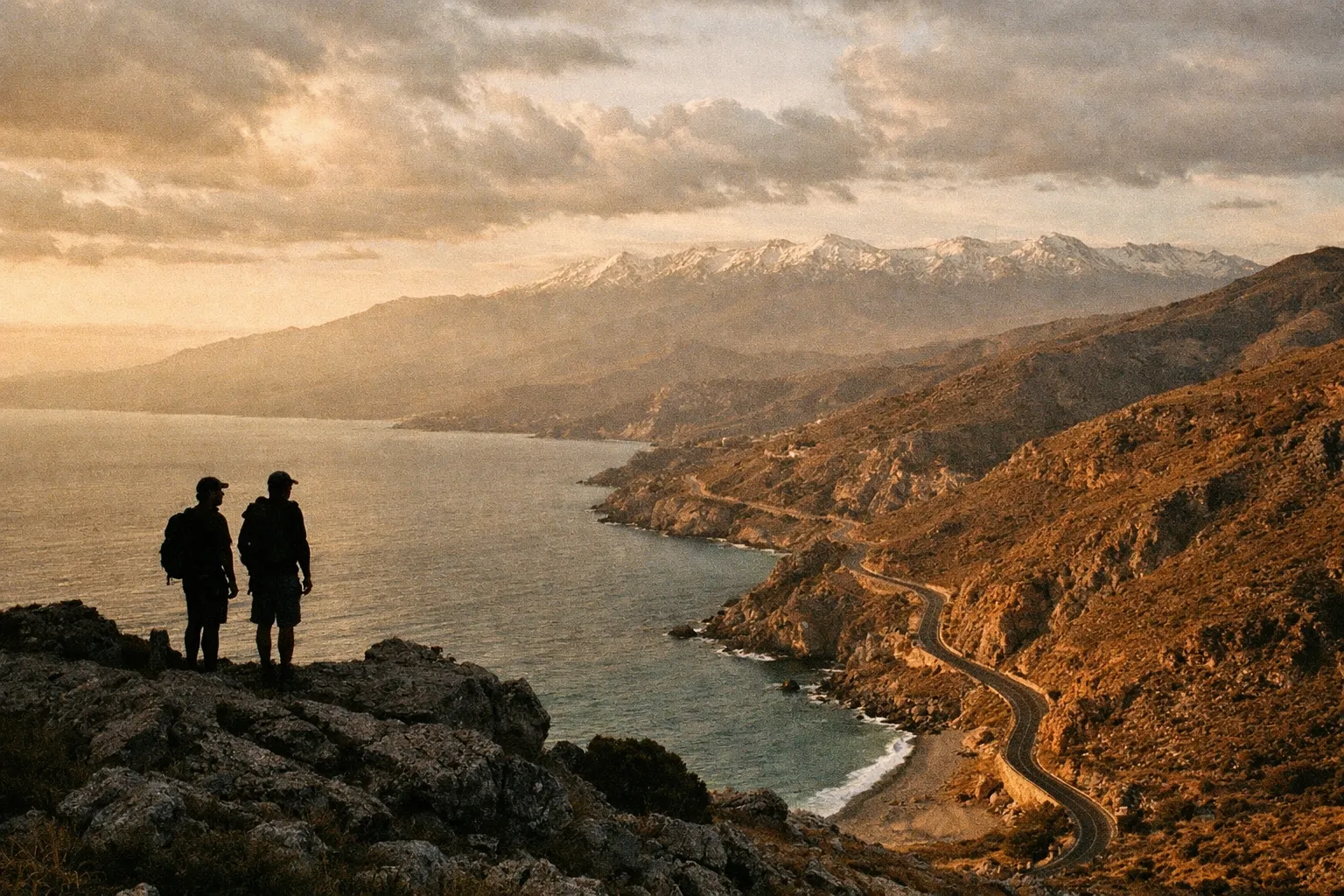 Silhouetted hikers overlook Crete's coastline at golden hour with Lefka Ori mountains in the distance