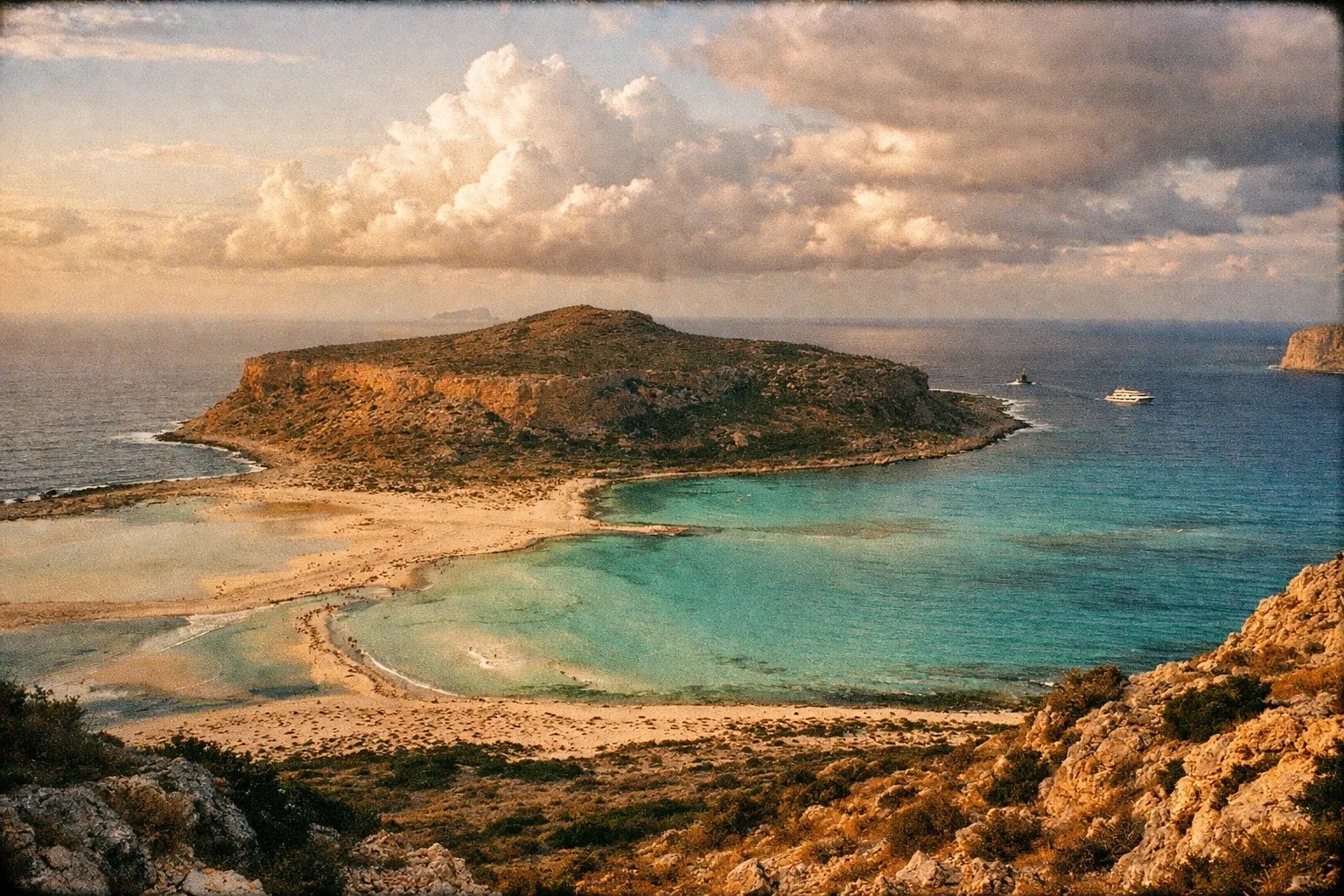 Balos Lagoon panorama with turquoise water and white sand on Crete's northwest coast