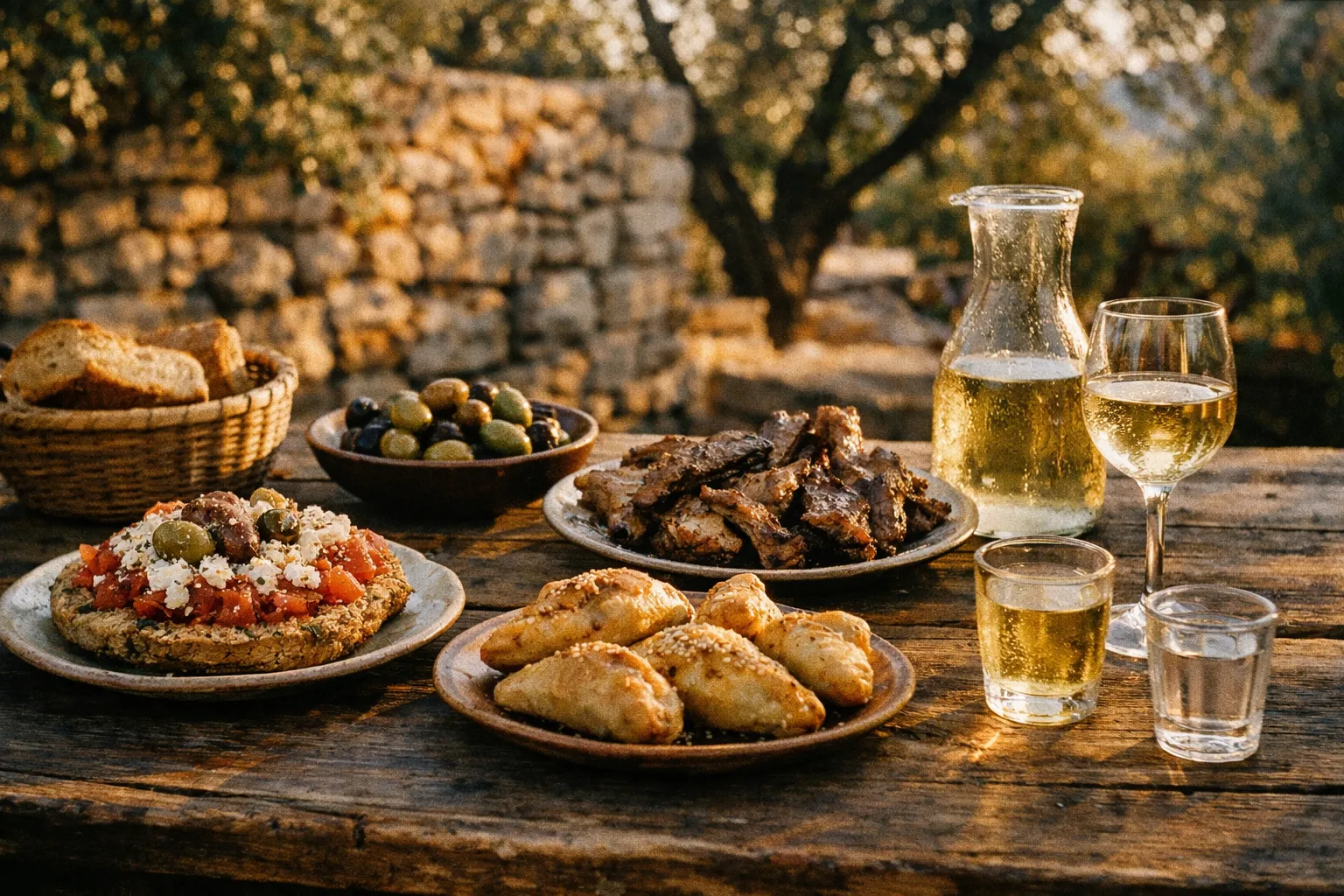 Rustic Crete tavern outdoor table with dakos, wine, and traditional dishes