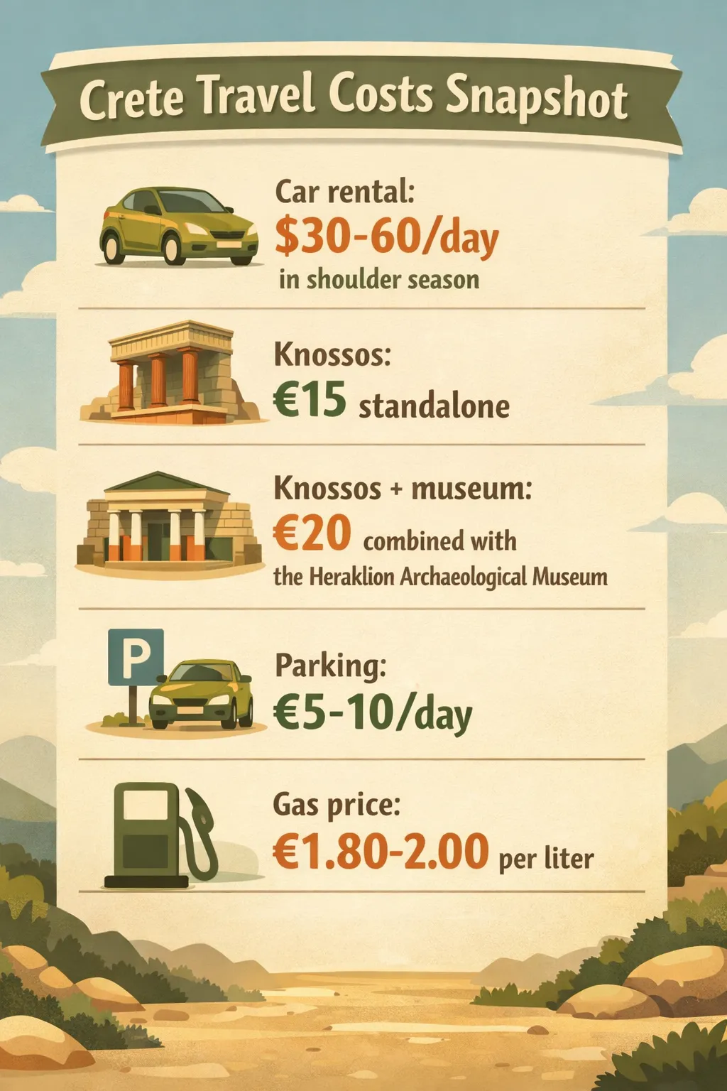 Infographic showing Crete travel costs: car rental, Knossos tickets, parking, and gas.