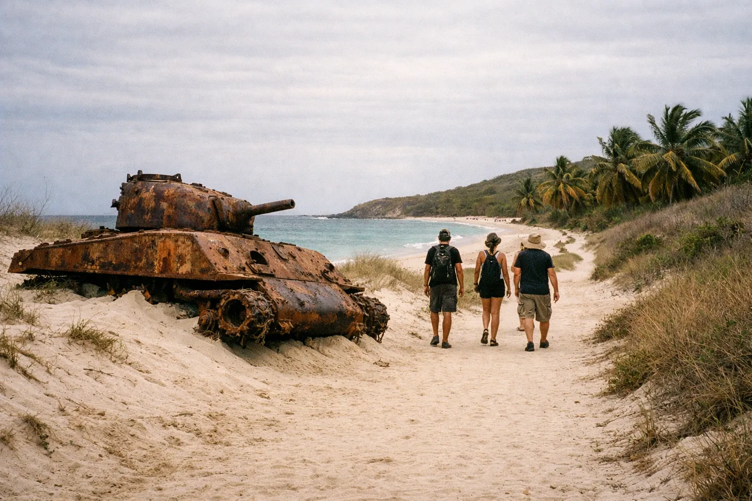 Three people walk past a rusted tank on Flamenco Beach in Culebra, Puerto Rico.