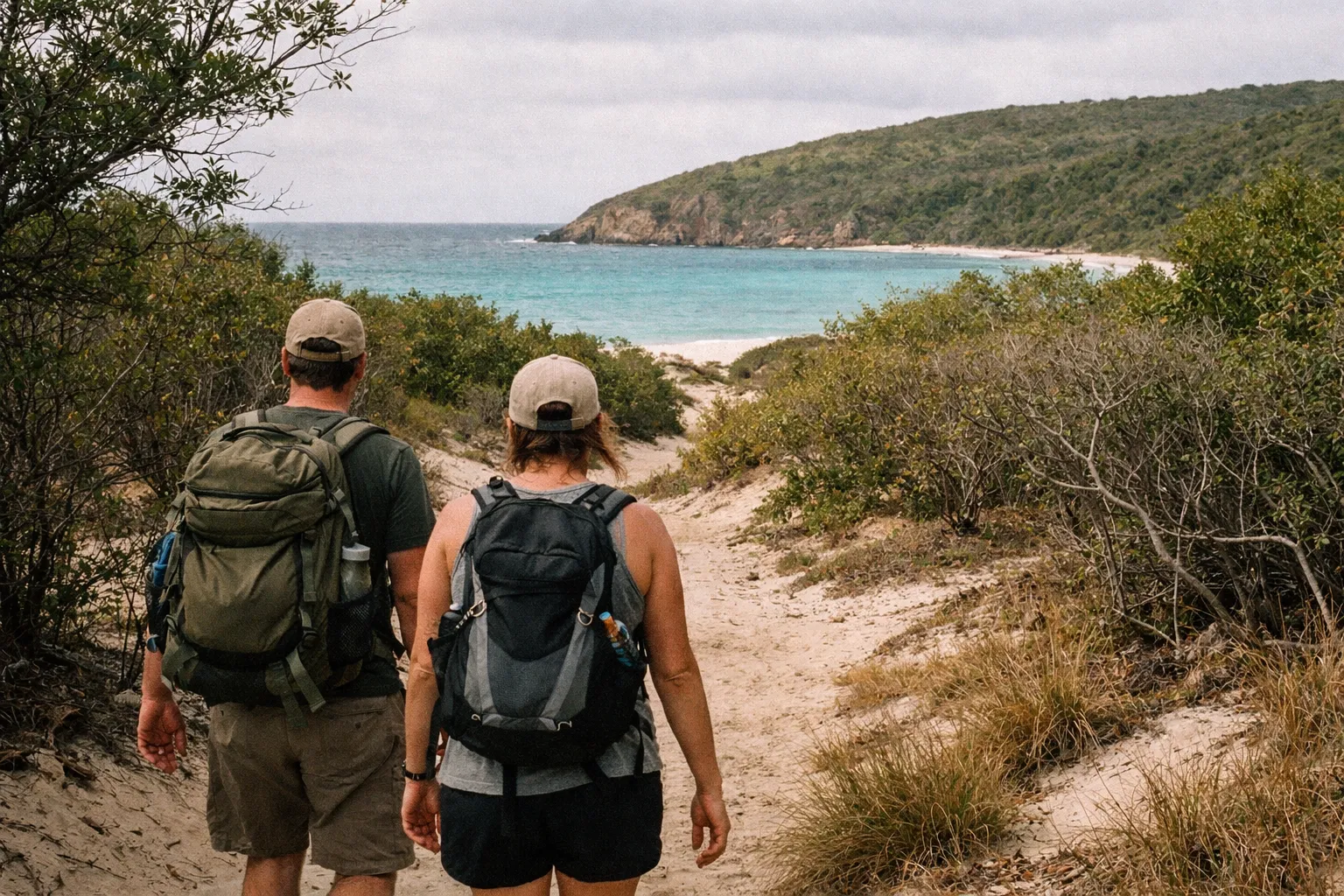 Two hikers walk down a sandy trail toward a secluded beach with blue water and green hills.
