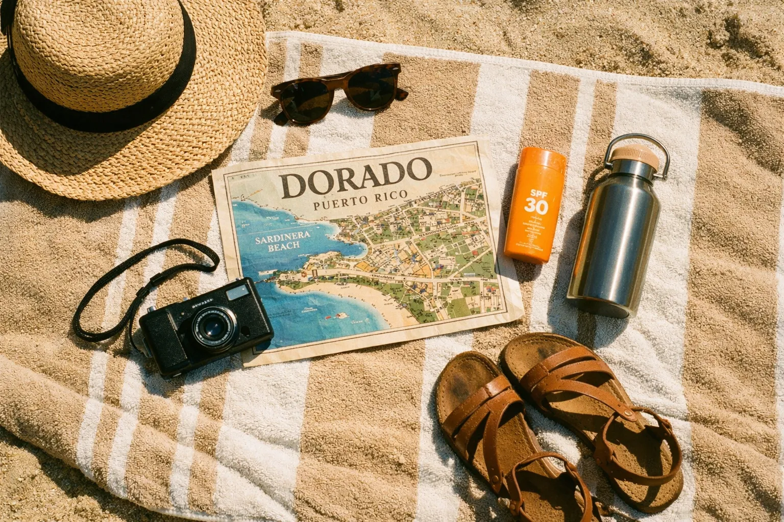 A map of Dorado, Puerto Rico lies on a beach towel with sandals, a hat, camera, sunglasses, sunscreen, and water bottle.