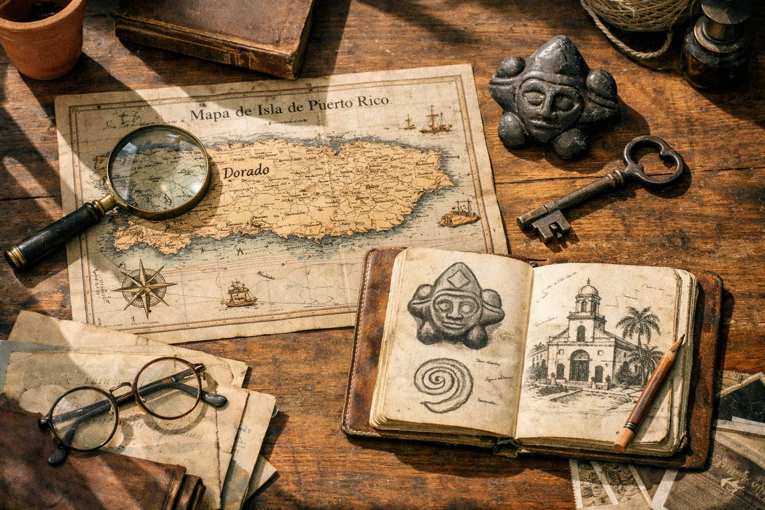 A vintage map of Puerto Rico highlighting Dorado sits on a desk with travel artifacts and an open sketchbook.