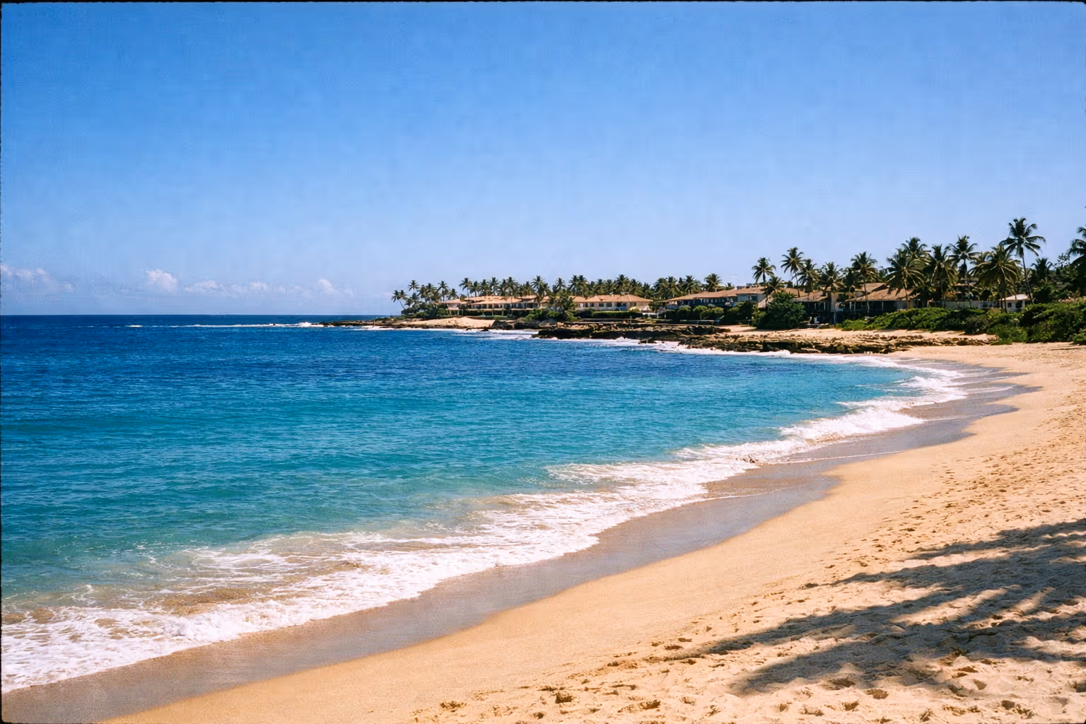 A sandy beach with turquoise water and palm trees along the coast in Dorado, Puerto Rico.