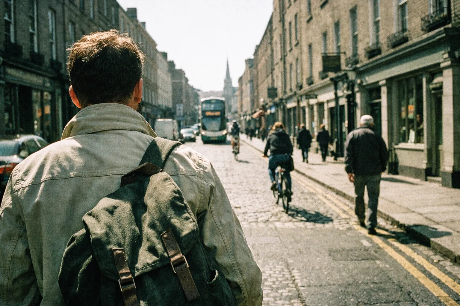 People walk along a busy cobblestone street lined with shops and Irish flags in central Dublin.