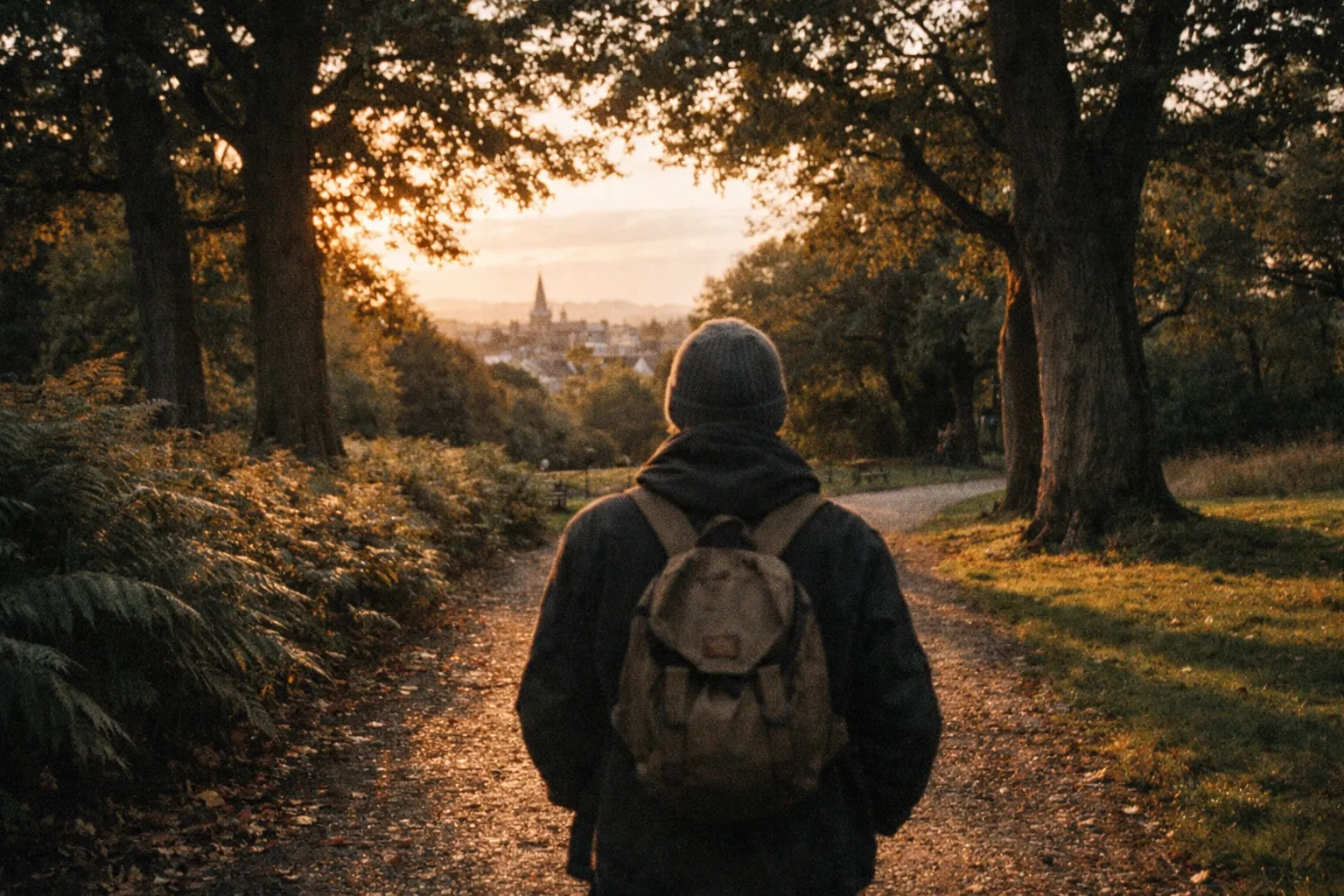 A person wearing a backpack walks along a wooded path toward a distant town at sunset.