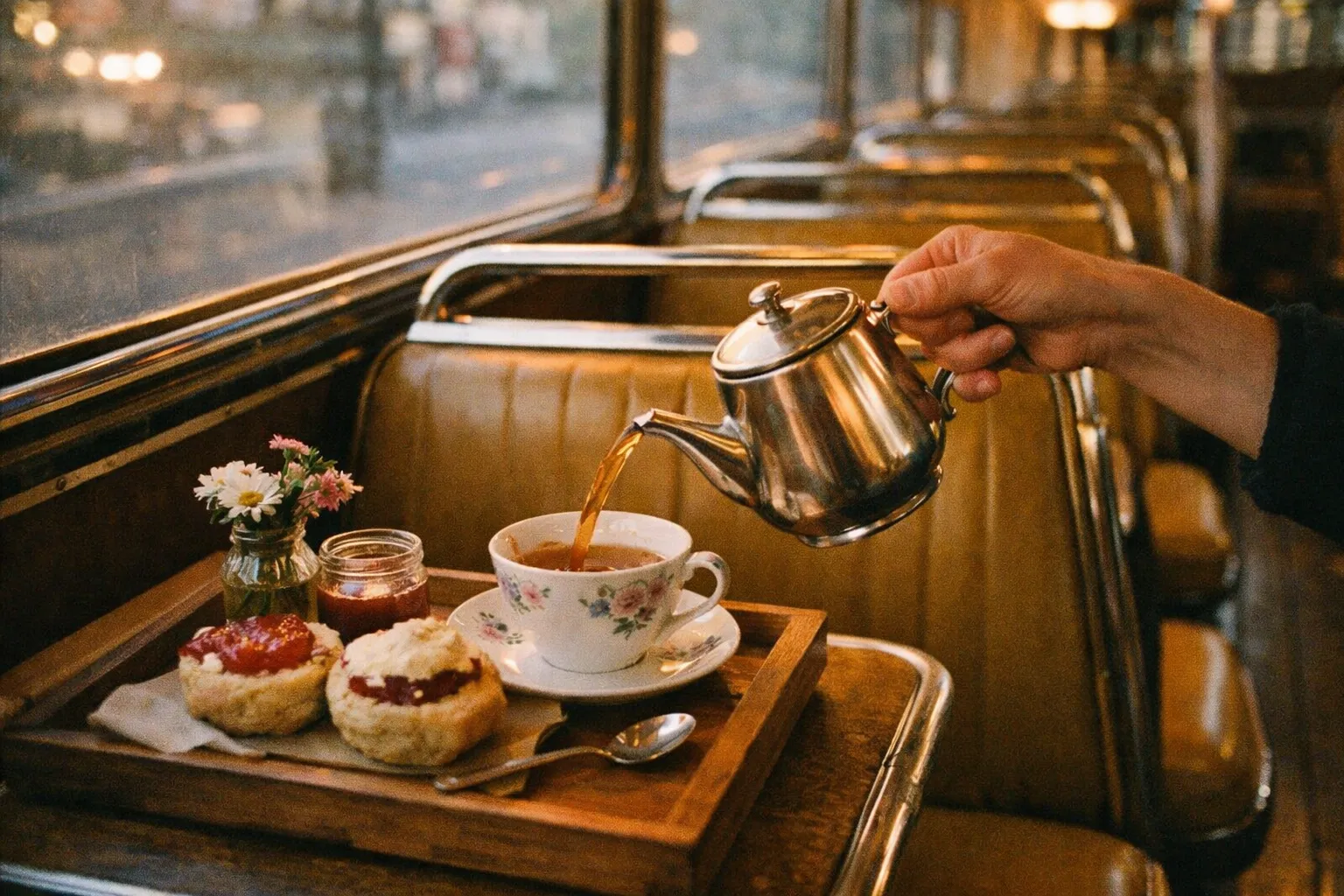 A hand pours tea from a metal pot into a floral cup beside scones inside a vintage train carriage.