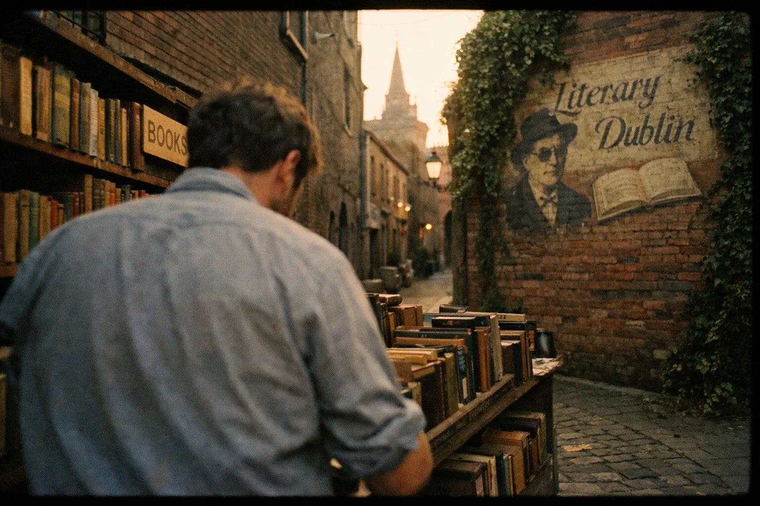 A man browses outdoor bookshelves in a cobblestone Dublin alley with a 'Literary Dublin' mural on the wall.