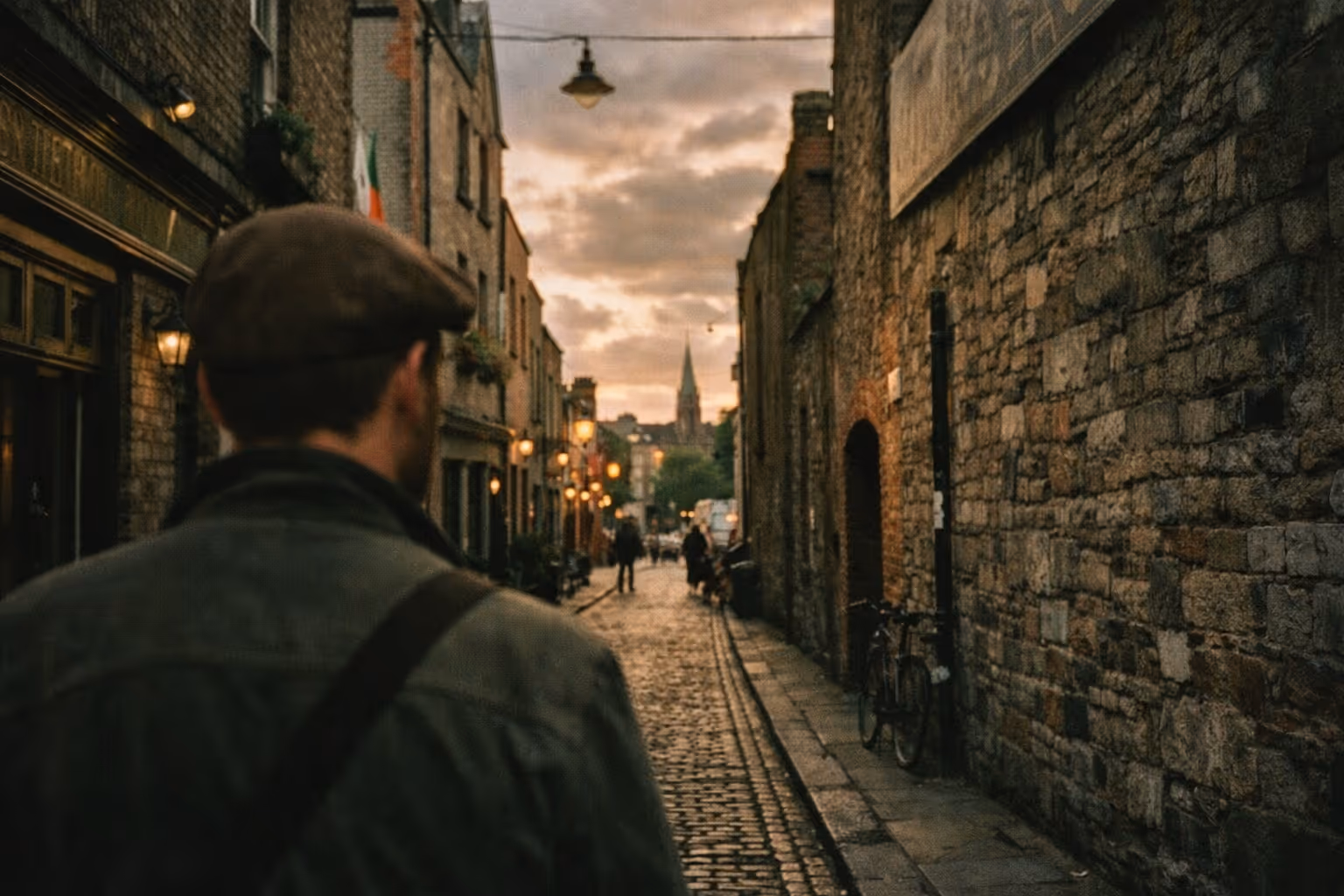 A man walks down a cobblestone street lined with old brick buildings in Dublin at sunset.