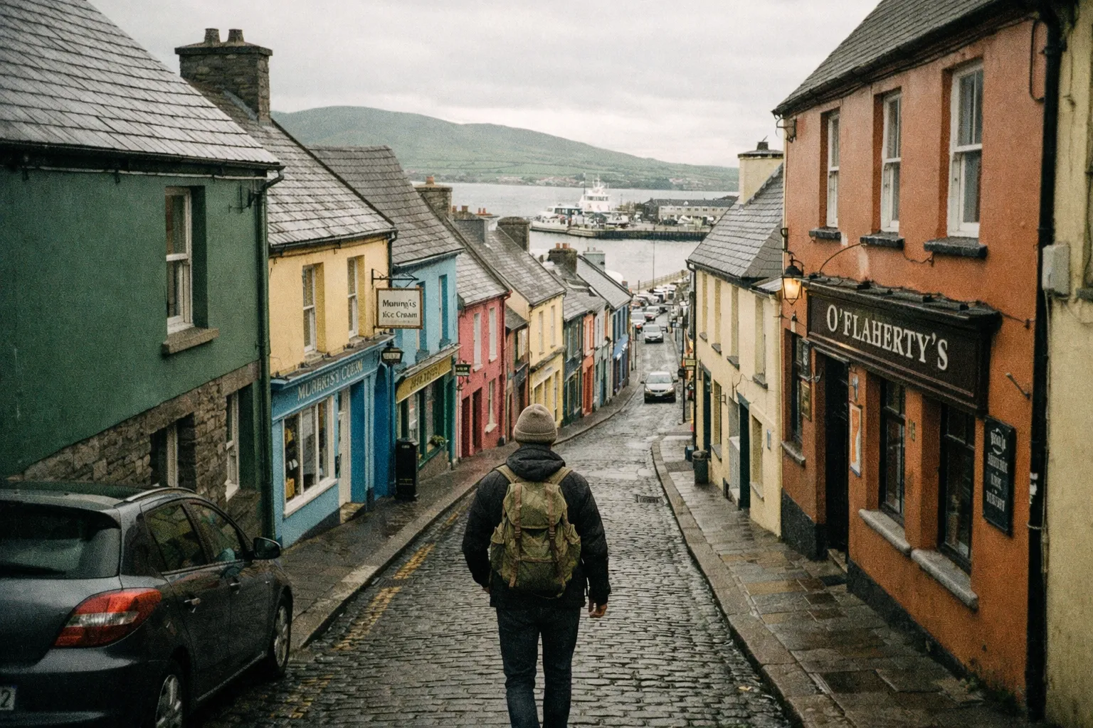 A person with a backpack walks down a cobblestone street in colorful Dingle, Ireland toward the harbor.