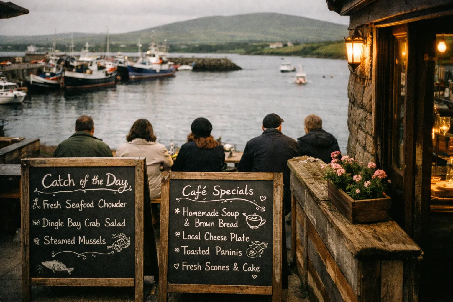 People sit at a harbor café in Dingle overlooking fishing boats and distant green hills.