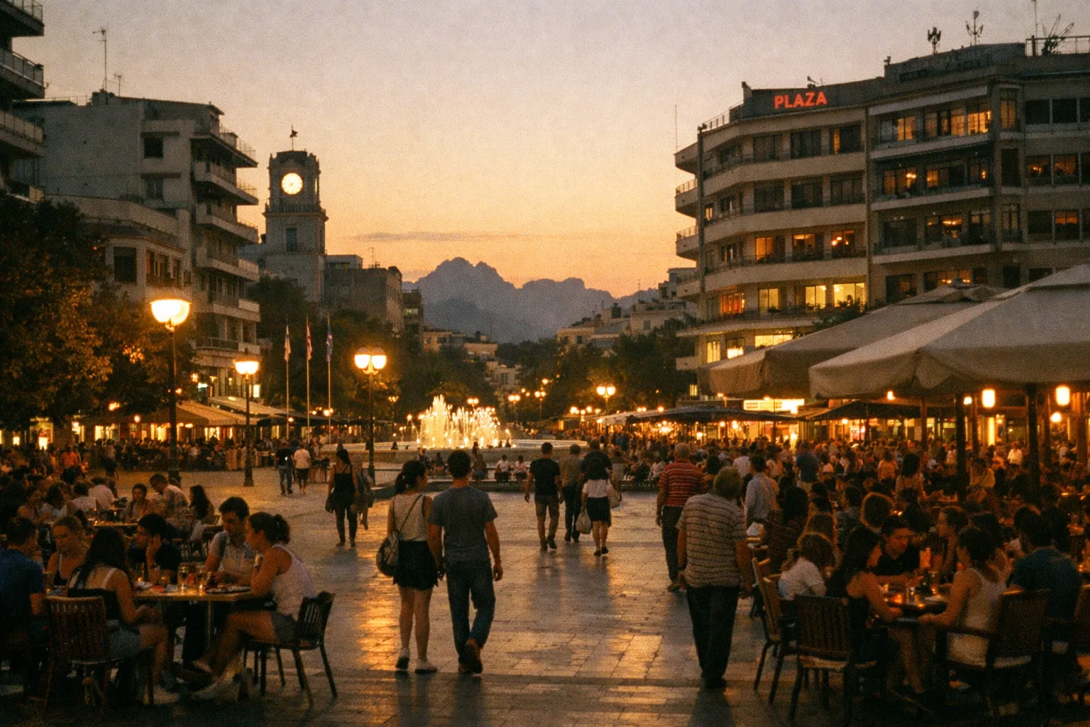 Larissa Central Square at dusk with students and cafes and distant hills