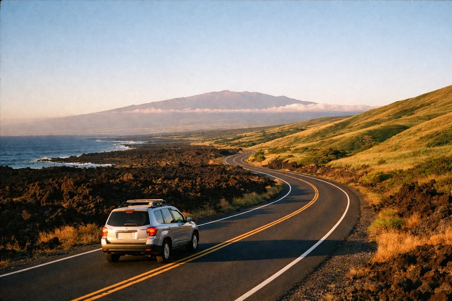 SUV on a winding Big Island coastal road at sunrise with lava fields and green hills and Mauna Kea on the horizon