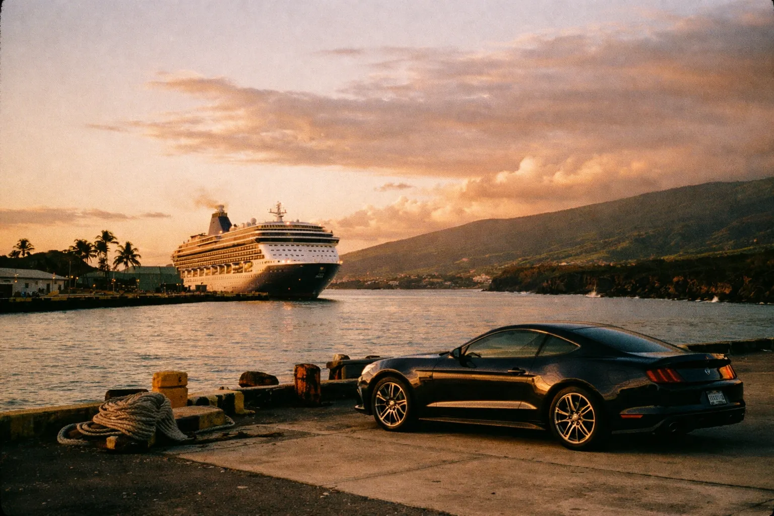 Harbor scene at a Hawaiian port during golden hour with a docked cruise ship and a rental car on the quay
