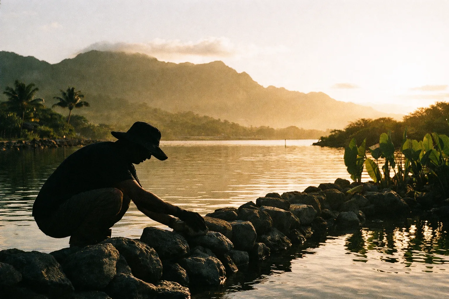 Sunlit fishpond restoration site on Oahu with a volunteer silhouette placing stones along a seawall