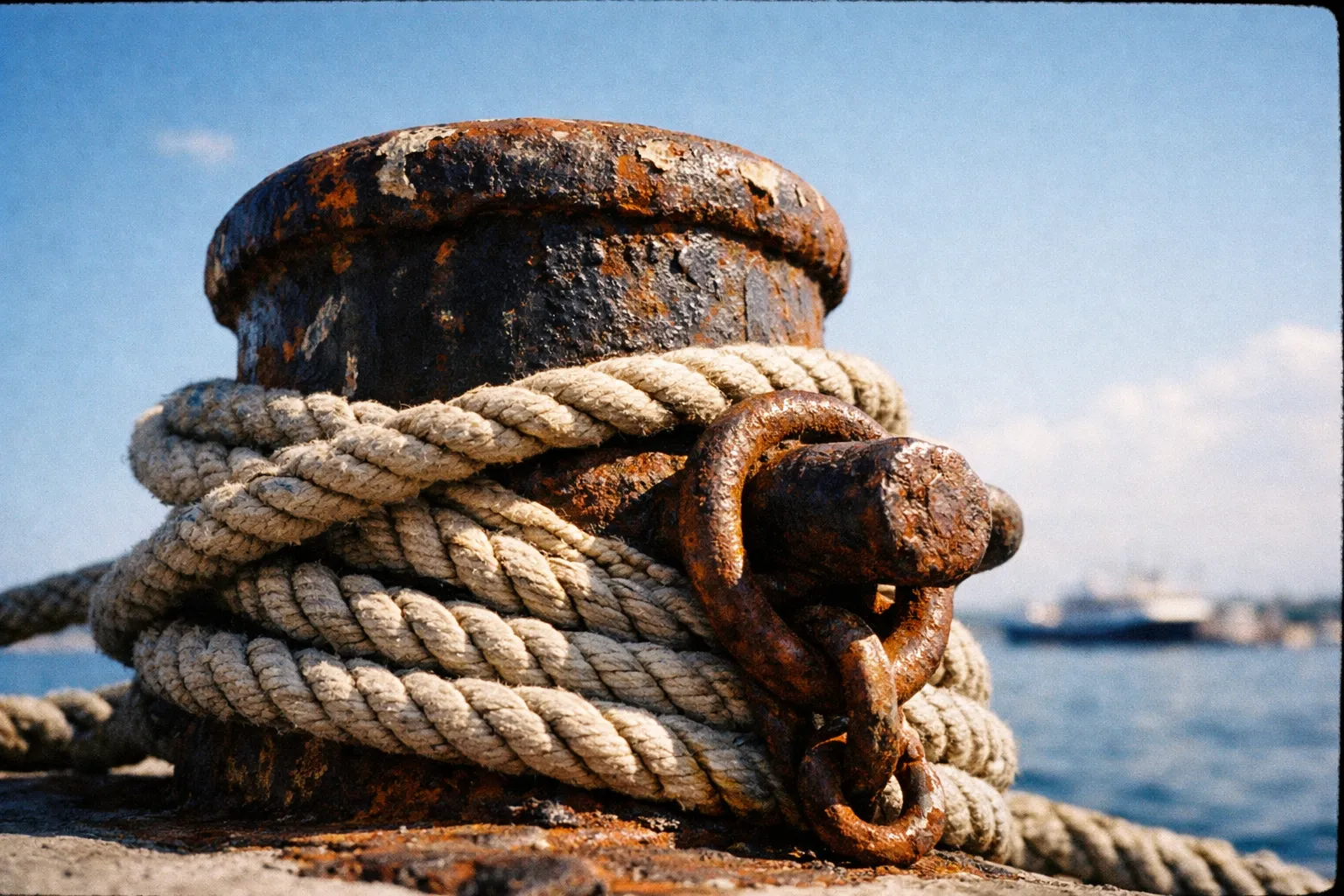 Closeup of a thick rope wrapped around a rusty metal bollard on a pier with water and a ship in the background