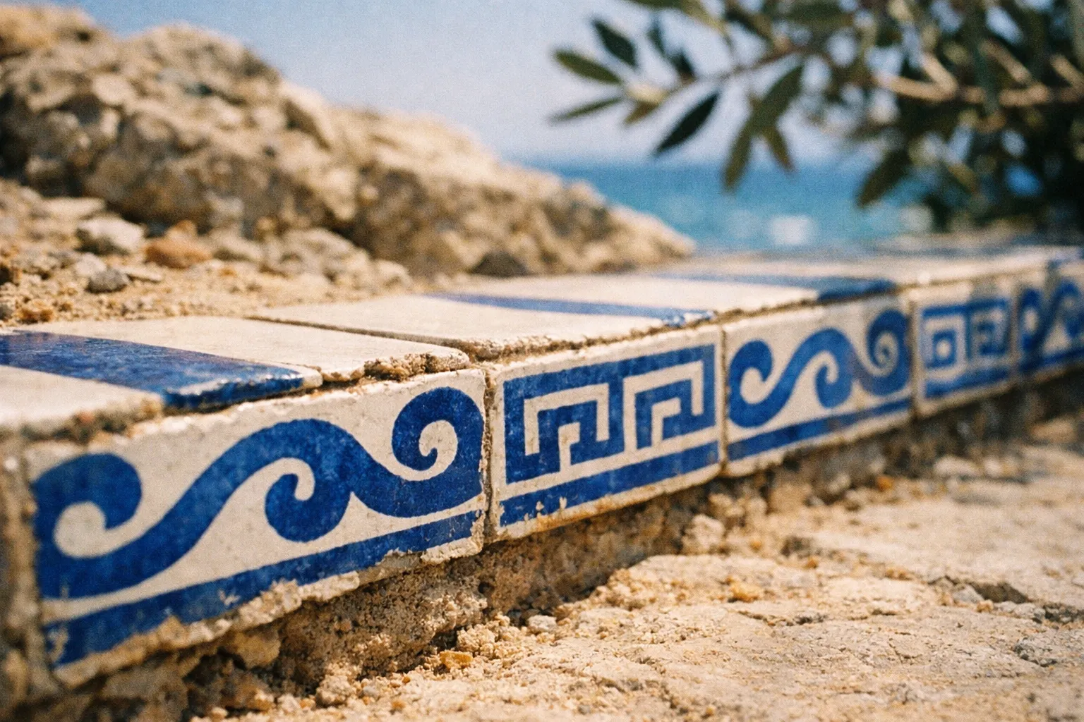Close-up of blue and white ceramic tiles with Greek patterns on a stone surface near the sea