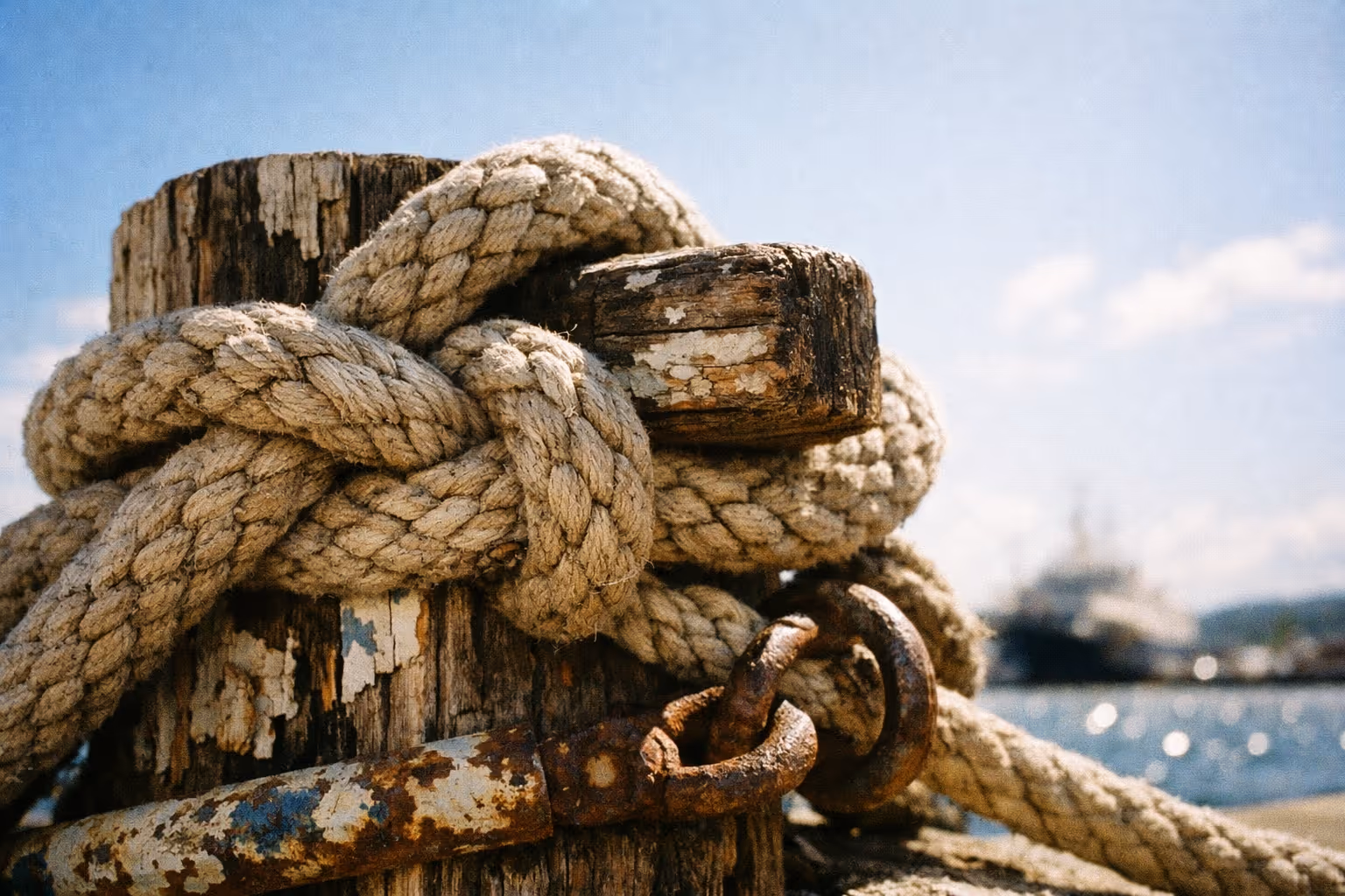 Close-up of a thick rope tied around a weathered wooden post with a rusty metal ring at a harbor