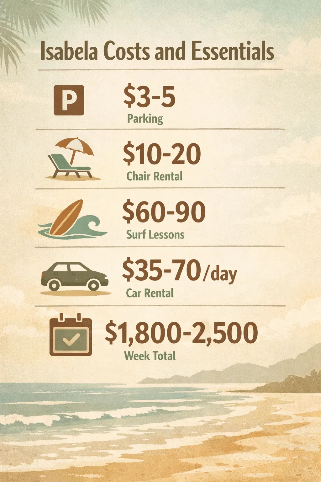 Data-driven infographic showing parking costs, chair rental, surf lessons, car rental, and a weekly total for Isabela