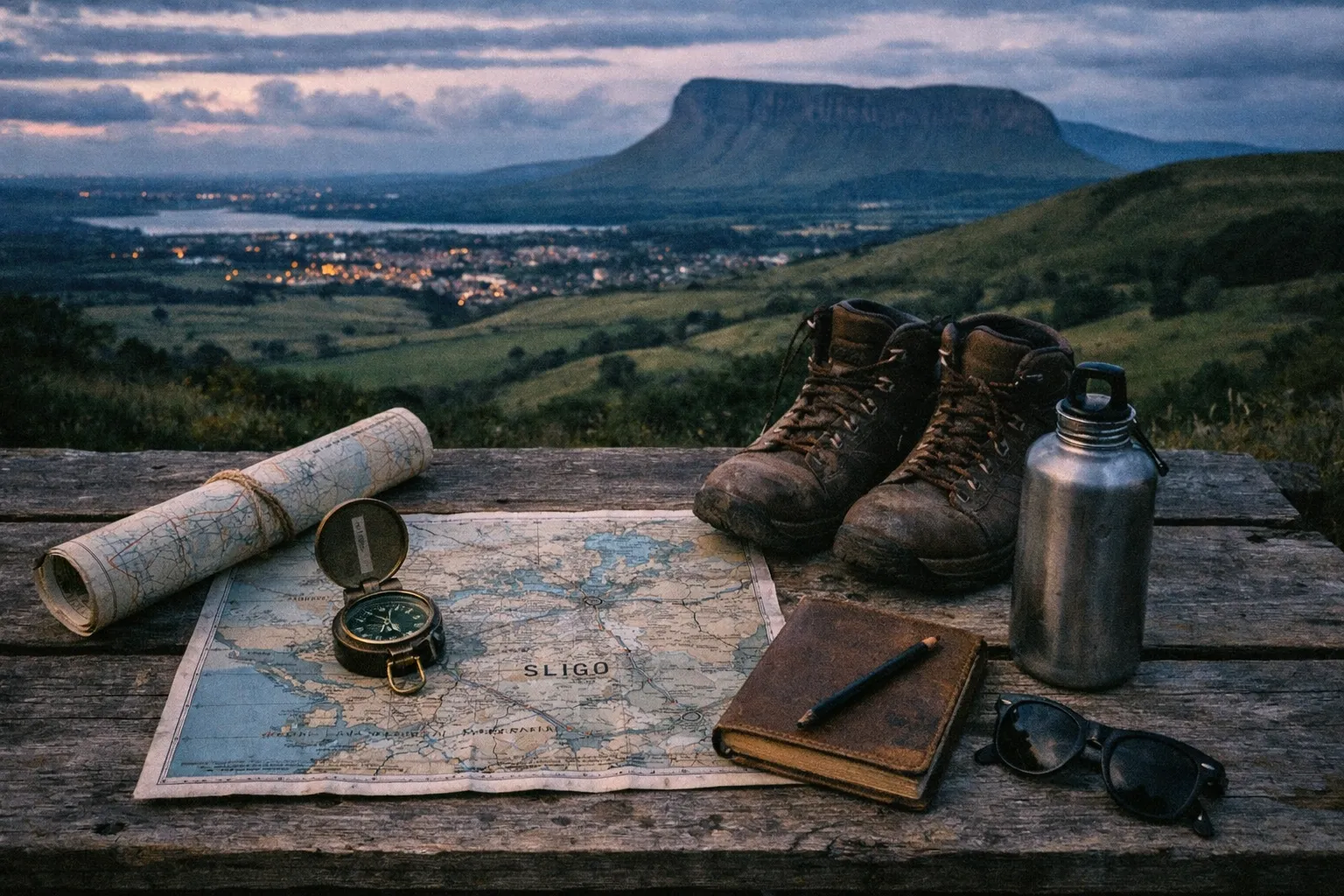 Hiking gear, a map labeled Sligo, and a compass on a wooden bench overlook a valley with a flat-topped mountain.