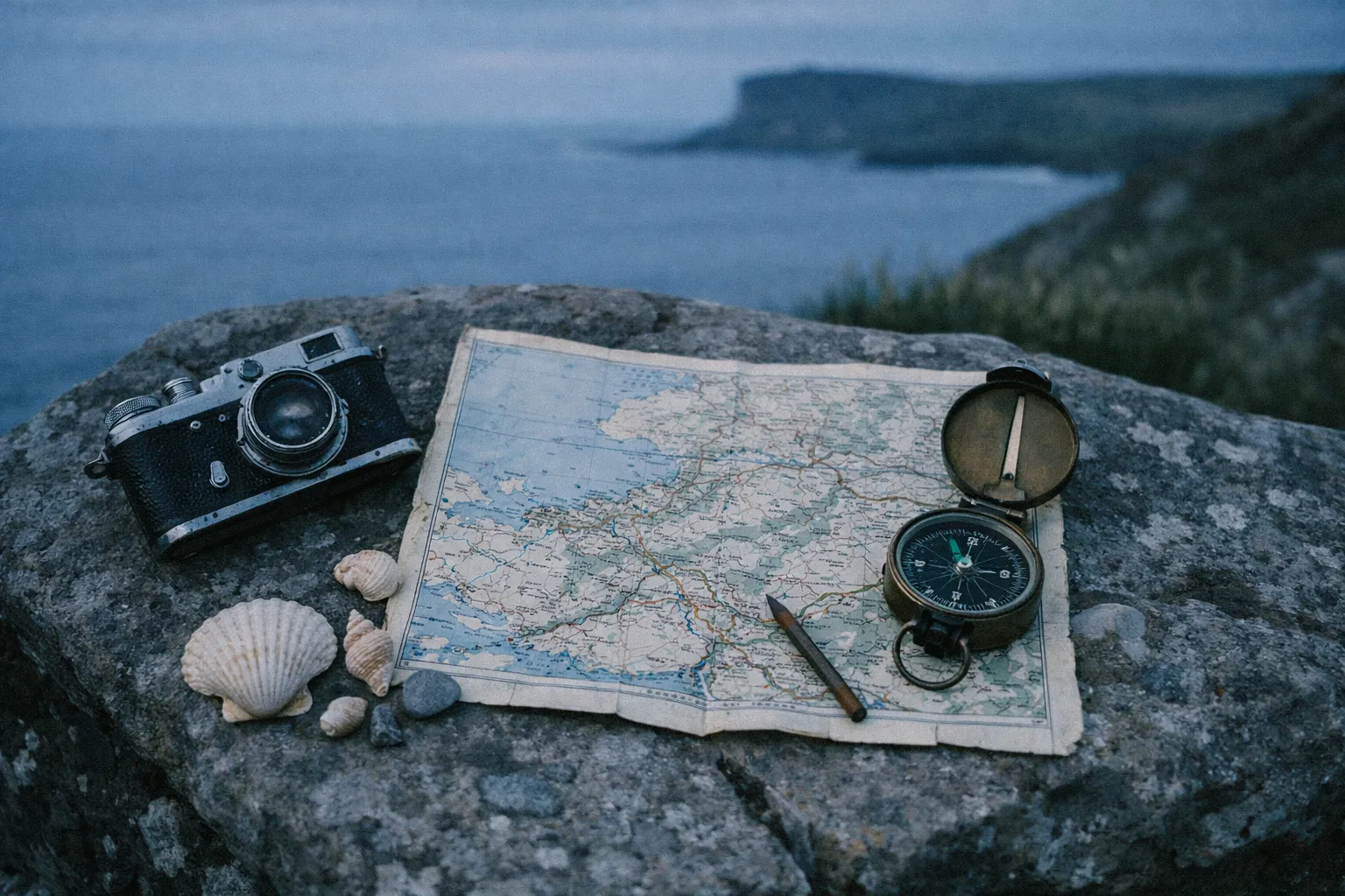 A vintage camera, map, compass, and seashells rest on a rock overlooking a coastal landscape.