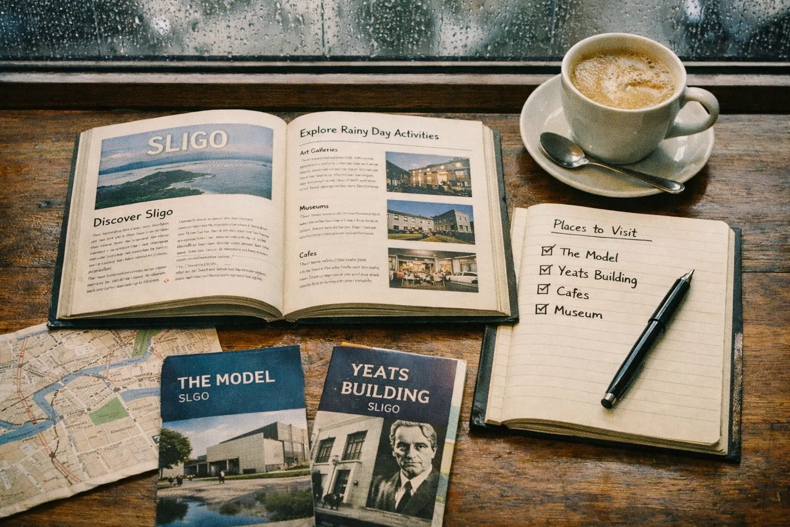 A table with a travel guide about Sligo, brochures for The Model and Yeats Building, a city map, and a cup of coffee.