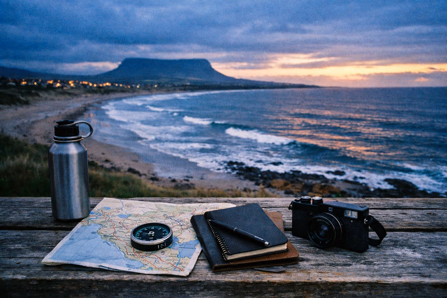 Travel gear on a wooden bench overlooking a beach with sea cliffs and ocean at sunset.