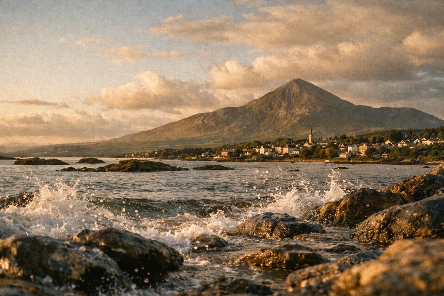 Waves break on rocky shore with a small town and tall mountain in the background at sunset.