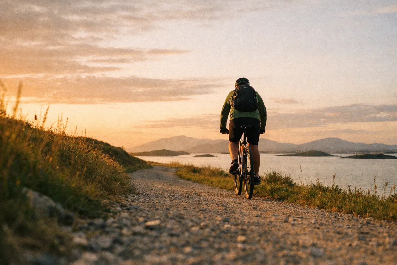 A cyclist rides along a gravel path beside the coast at sunset with mountains in the distance.