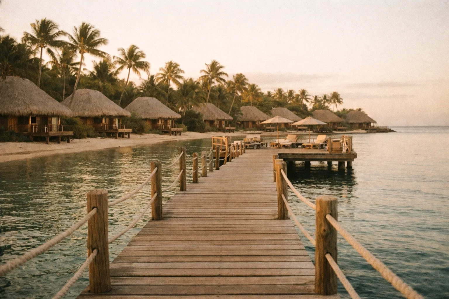 Beachfront resort with thatched roofs and palm trees at sunset along Samara’s shore.