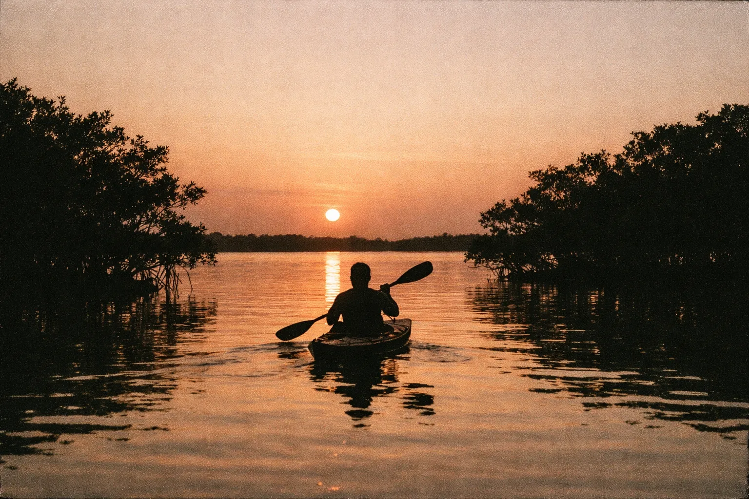 Silhouette of a lone kayaker gliding through a calm estuary near mangroves at sunset.