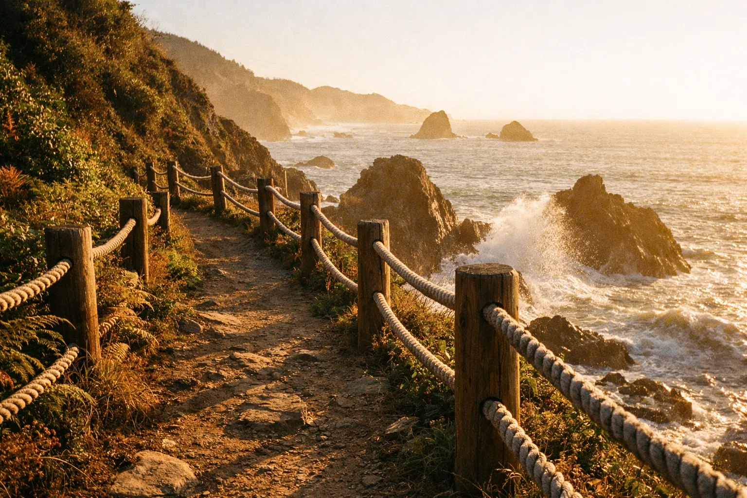Coastal trail along a cliff with a sturdy wooden railing during golden hour.