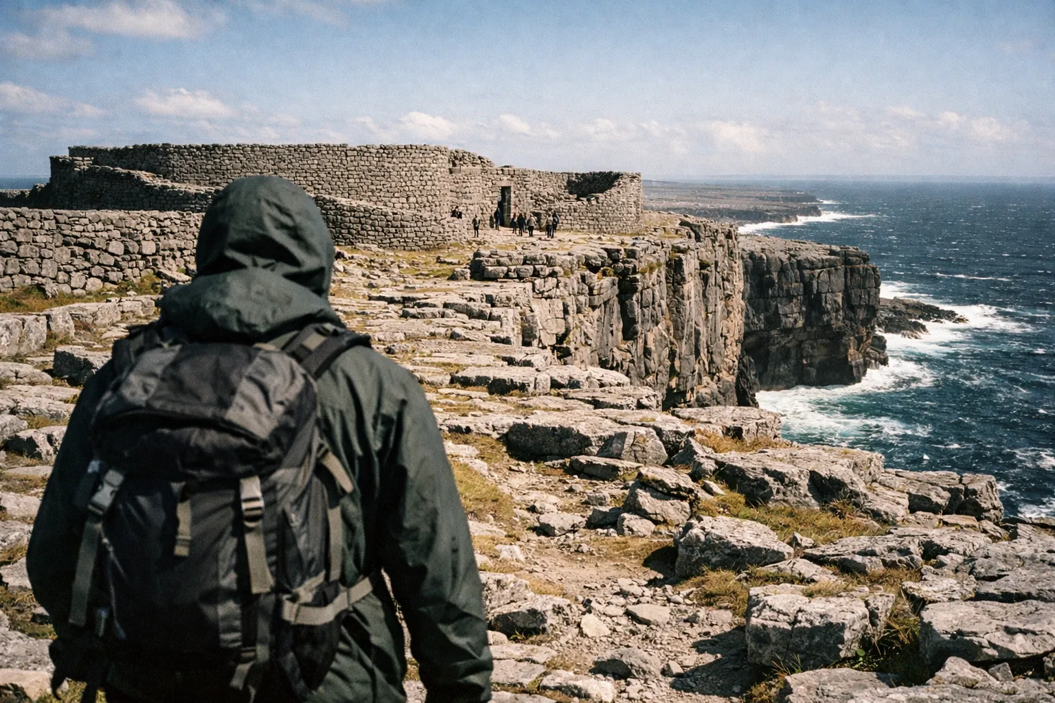 Person with a backpack standing on rocky ground near ancient stone ruins by the sea