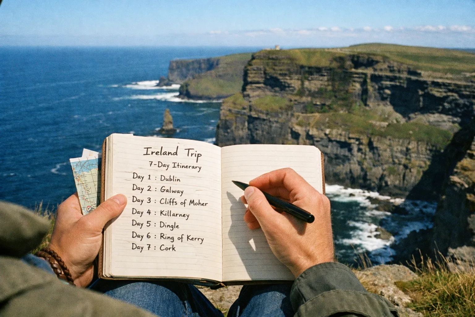 Person writing an Ireland travel itinerary in a notebook while sitting near coastal cliffs with ocean in the background