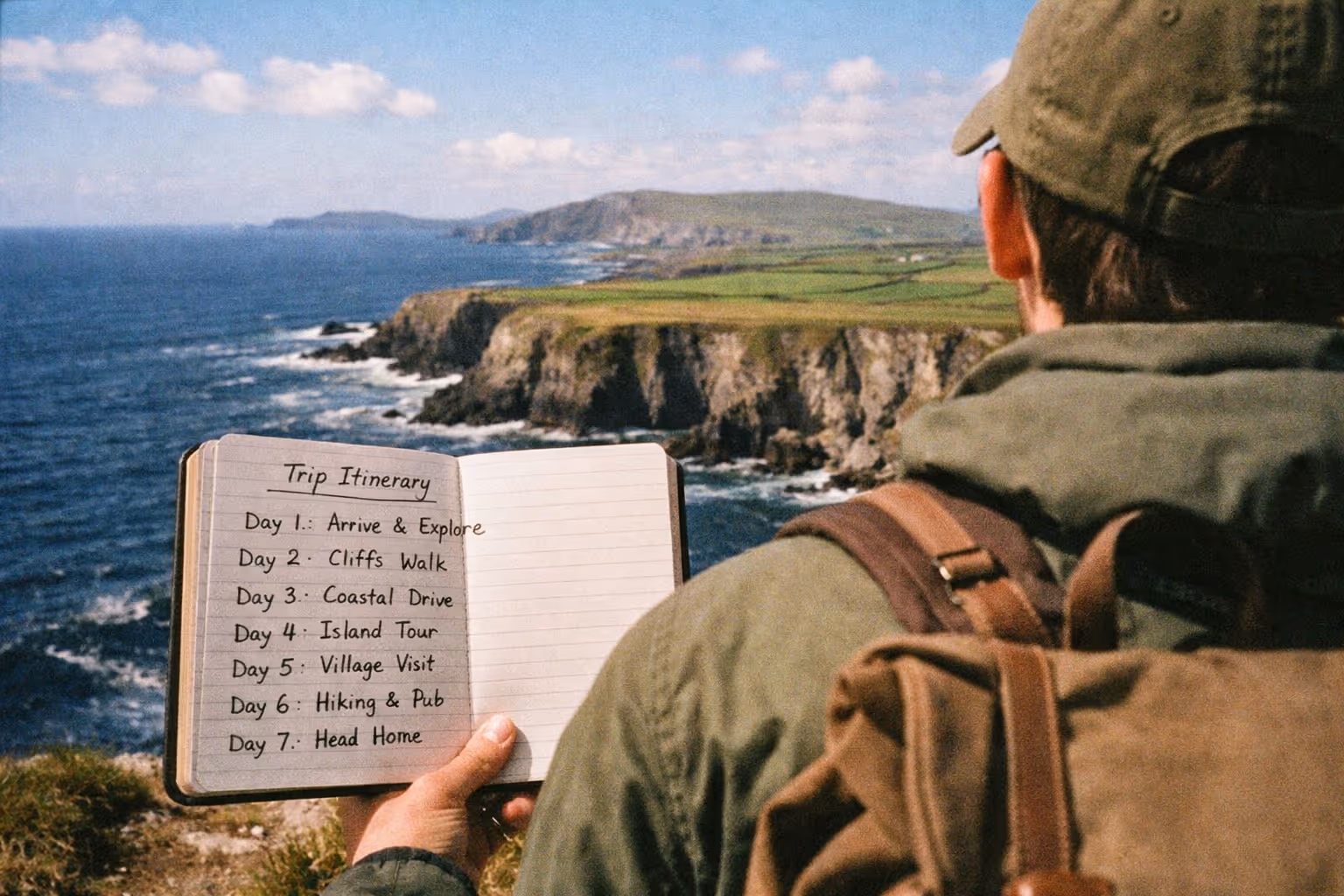 Person in green jacket and cap holding an open notebook with a trip itinerary, overlooking sea cliffs
